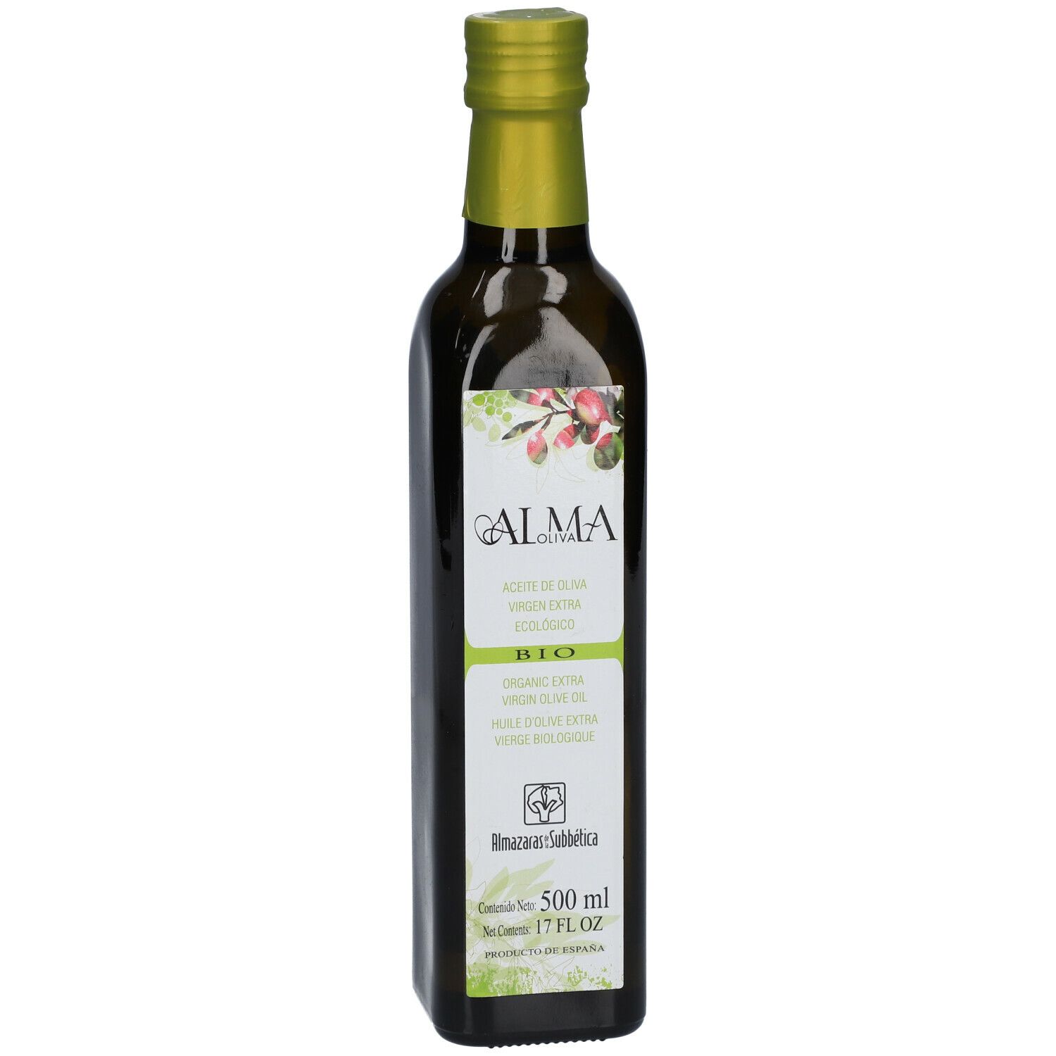Bouteille en verre vert avec bouchon doré. Étiquette avec nom du produit et label BIO.