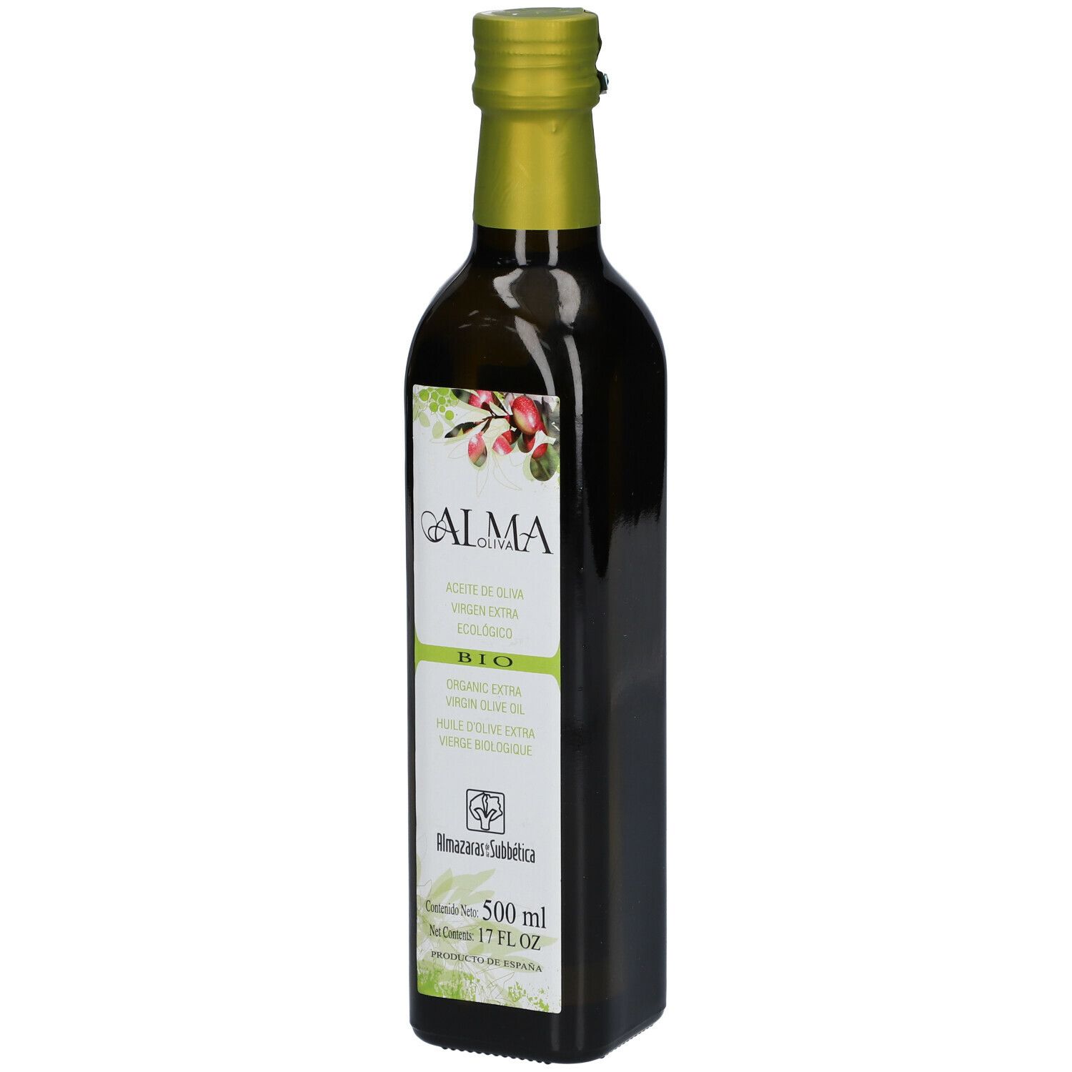 Bouteille en verre vert avec bouchon doré. Étiquette avec nom du produit et label BIO.