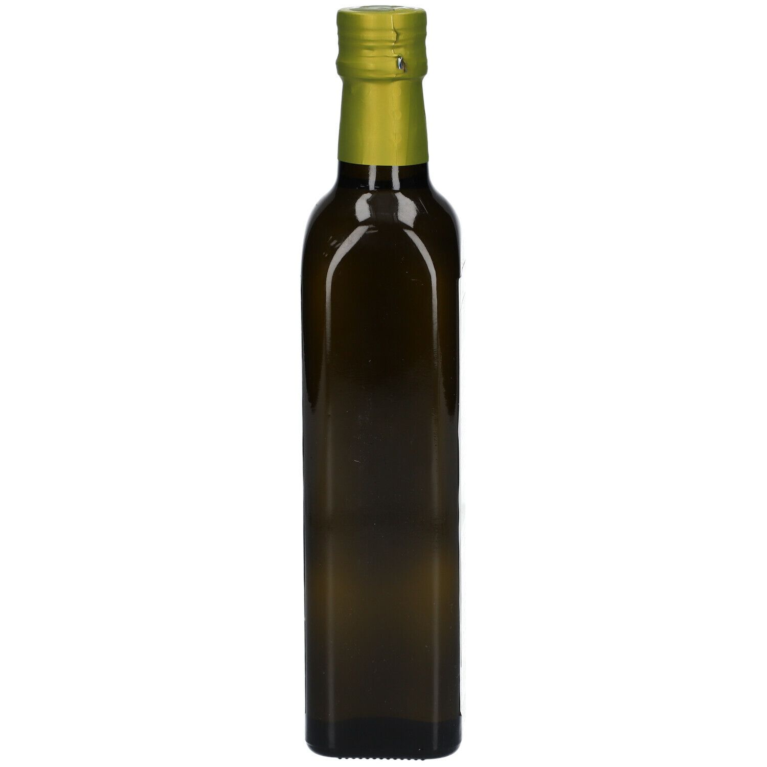 Bouteille en verre vert vide avec bouchon doré. Forme carrée.