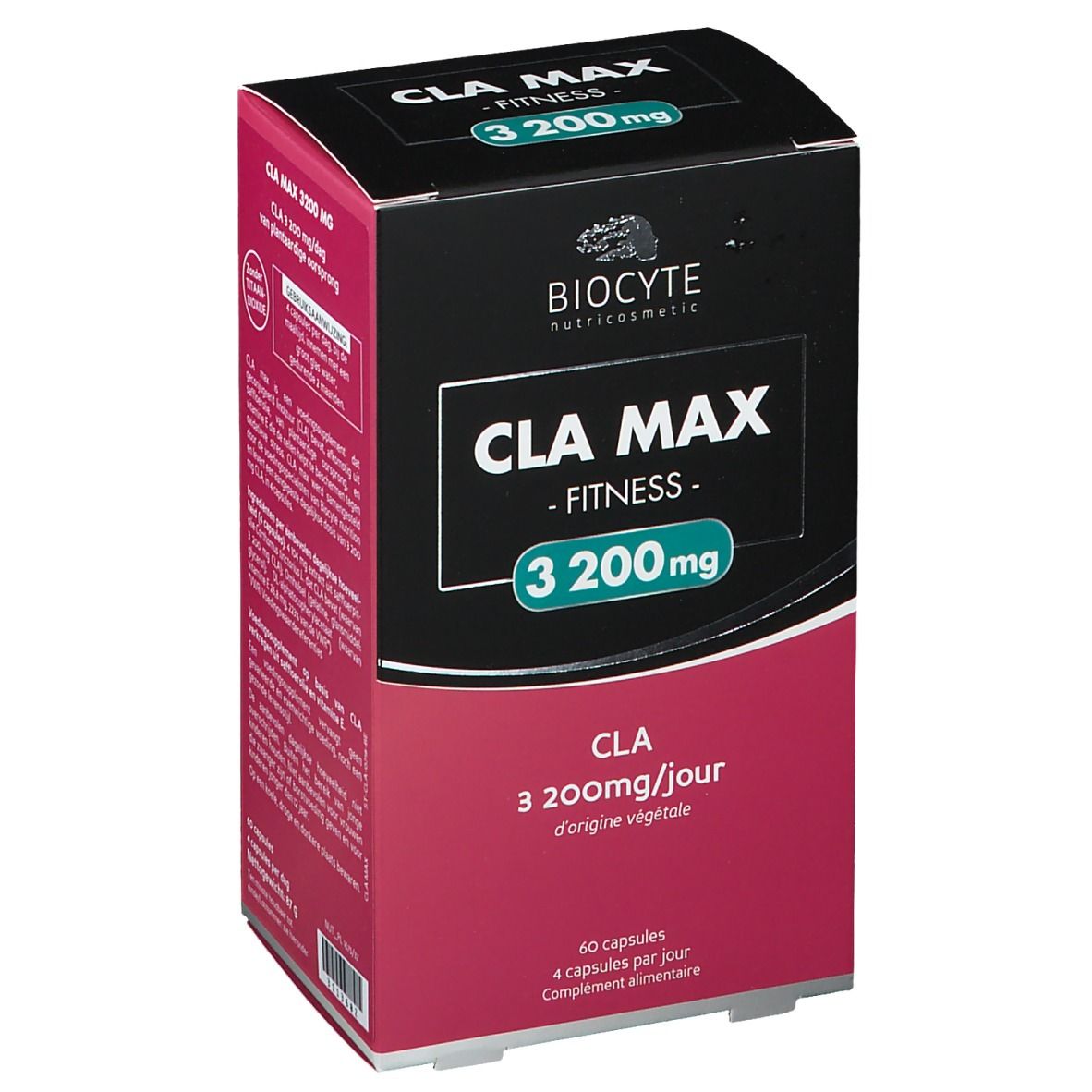 Boîte Biocyte CLA Max. Couvercle noir, corps rouge. Contient 60 gélules. Inscription: CLA Max - Fitness - 3 200 mg.