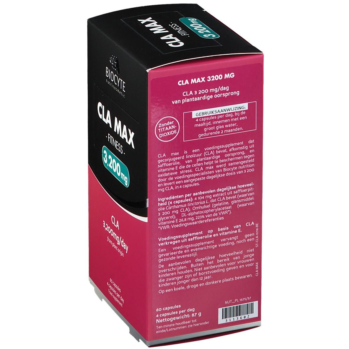 Emballage Biocyte CLA Max. Couvercle noir, corps rouge. Contient 60 gélules. Texte: CLA Max - Fitness - 3 200 mg.