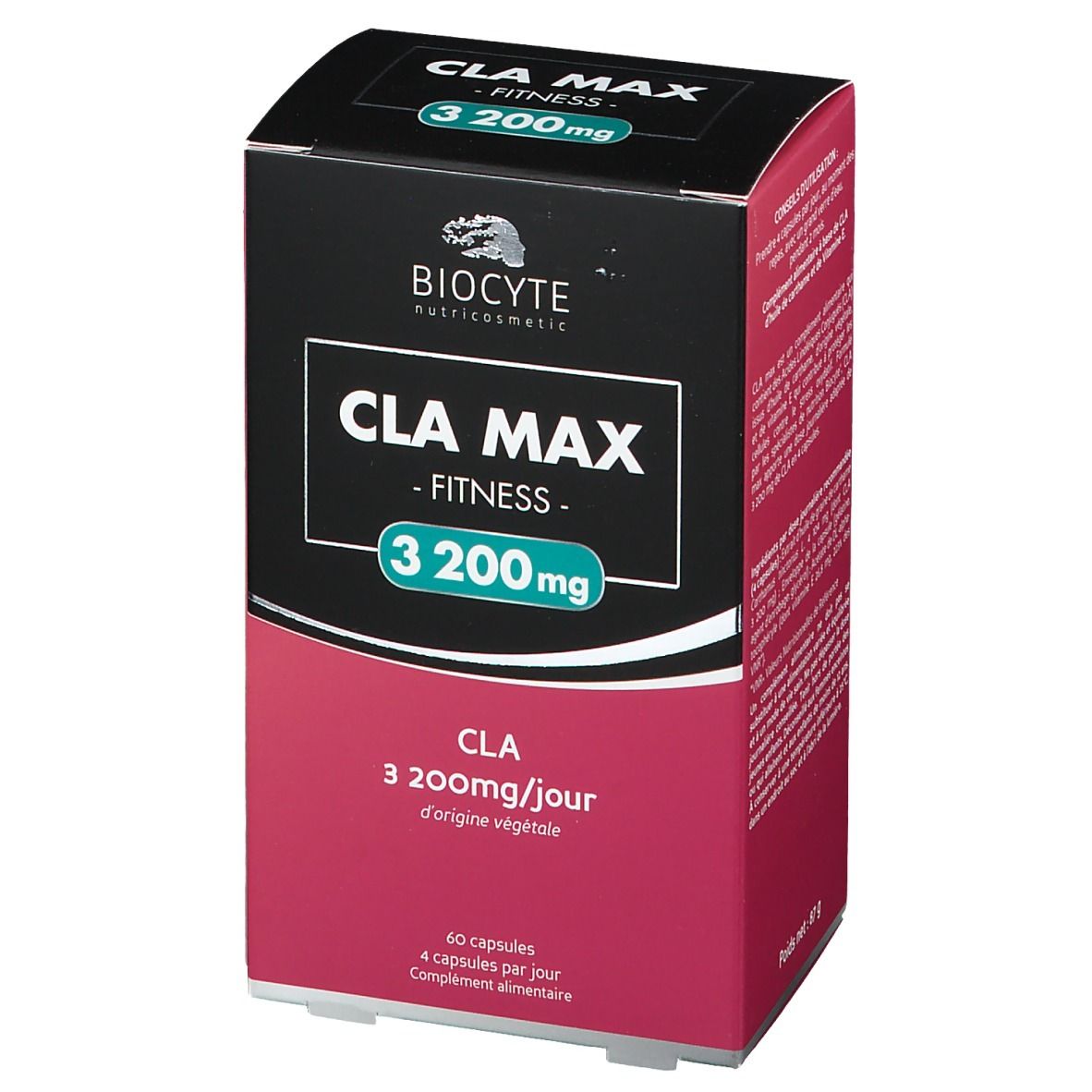 Boîte Biocyte CLA Max. Couvercle noir, corps rouge. Contient 60 gélules. Inscription: CLA Max - Fitness - 3 200 mg.