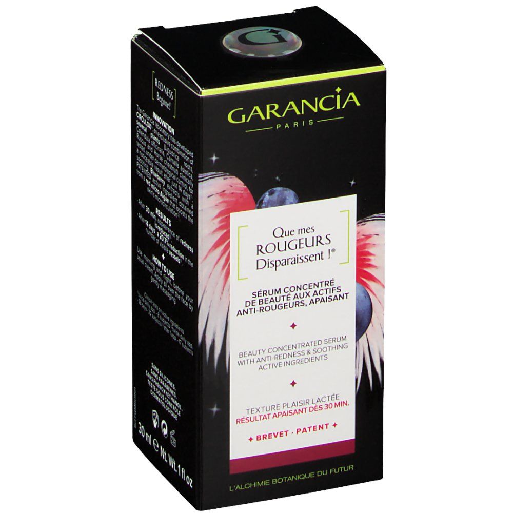 Garancia Serum Konzentrat Verpackung mit Beeren- und Flügelmotiv. Enthält Text über Anti-Rötungen und beruhigende Wirkstoffe.