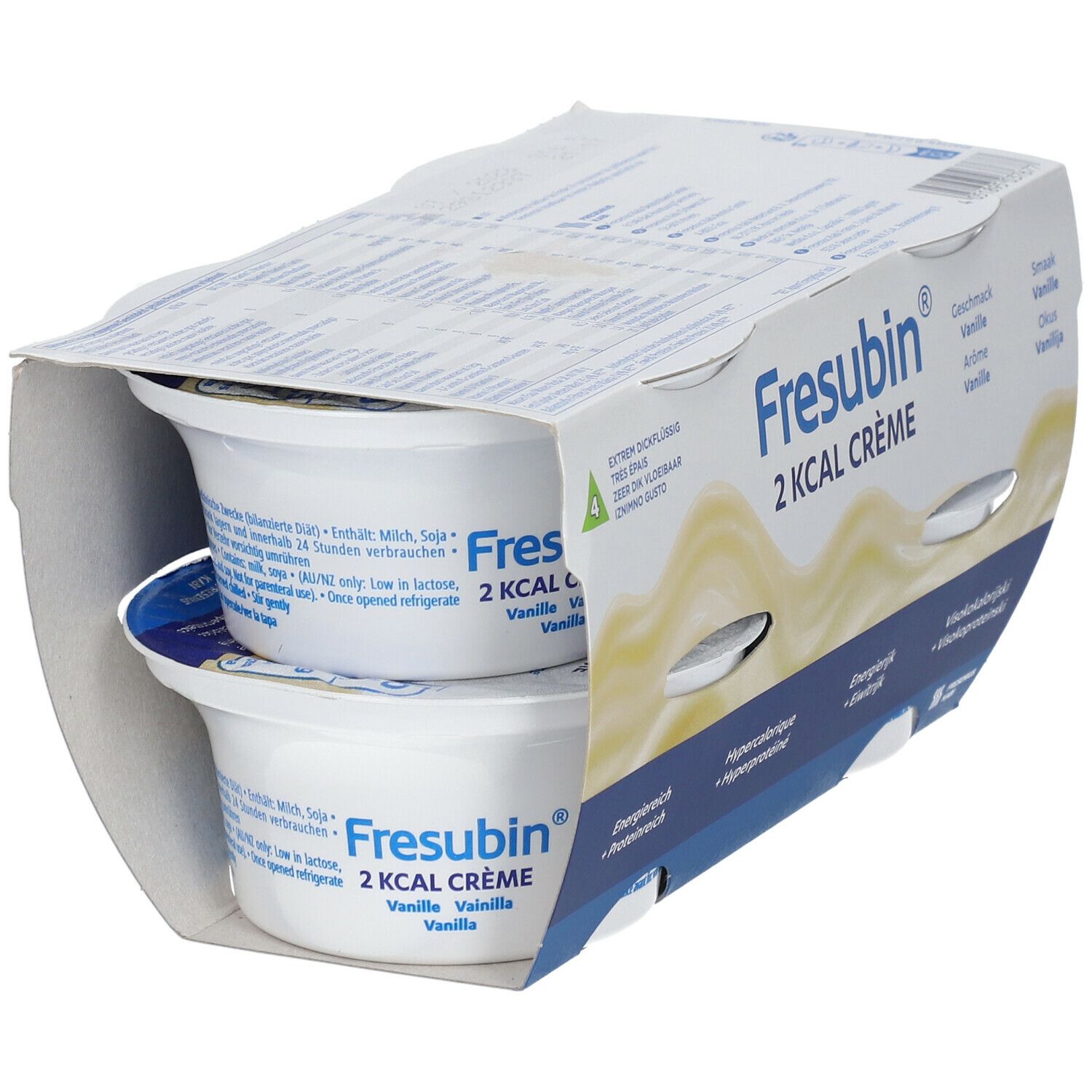 Fresubin 2Kcal Crème Vanille, 2 bekers in karton. Productnaam, smaak, eigenschappen duidelijk zichtbaar.
