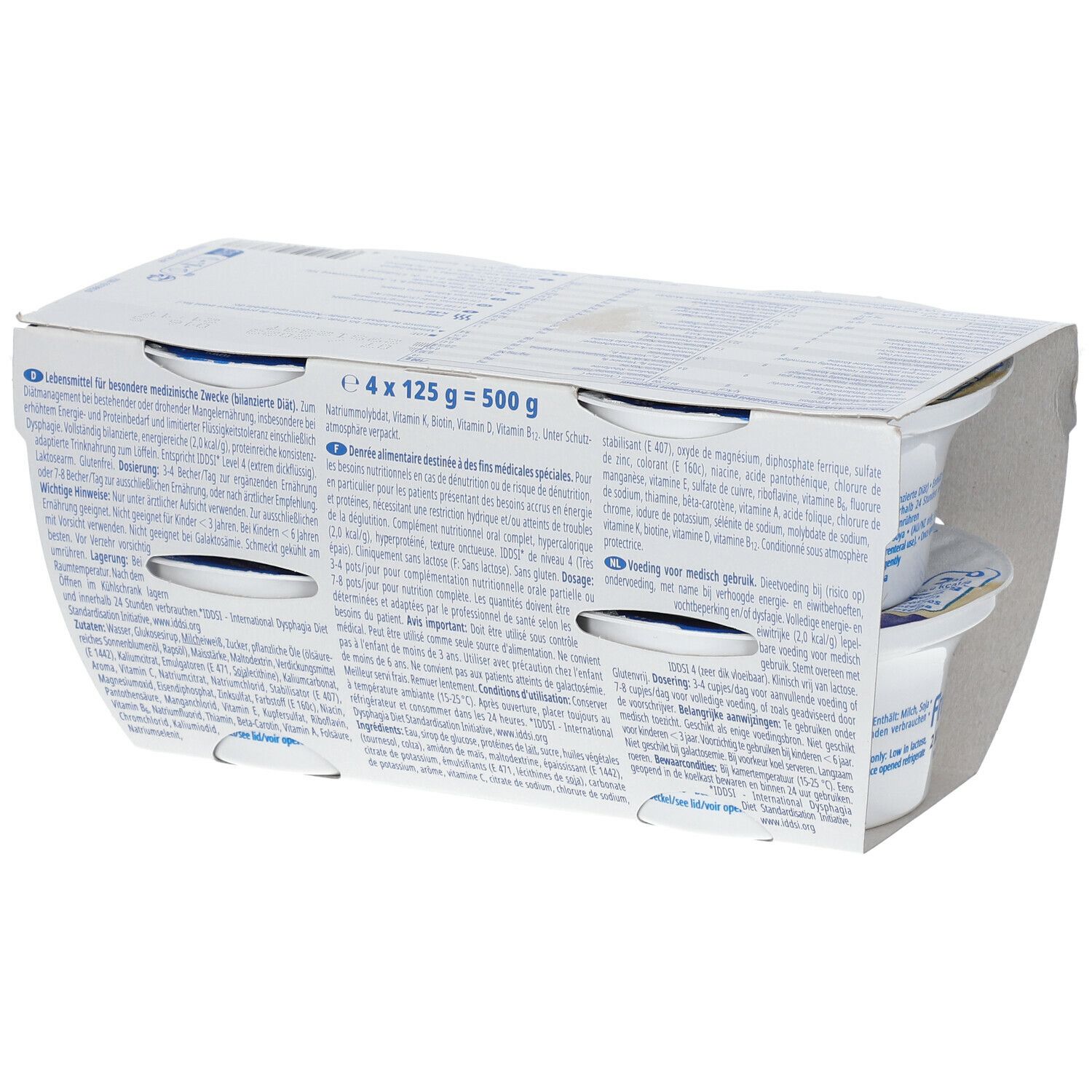 Achterkant van de verpakking Fresubin 2Kcal Crème Vanille. Tekstinformatie, voedingswaarden en fabrikantgegevens.
