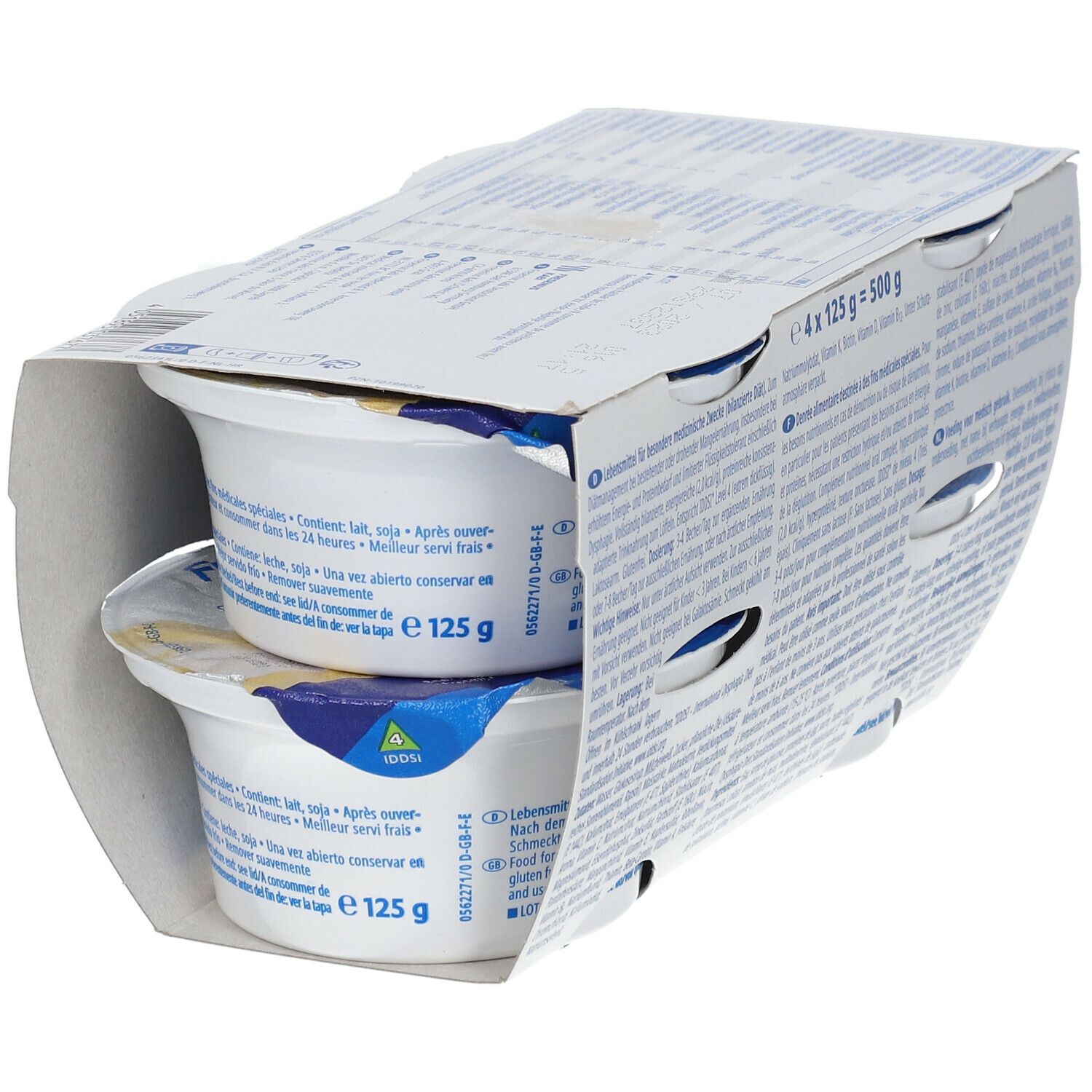Achteraanzicht van de verpakking Fresubin 2Kcal Crème Vanille. Tekst, voedingswaarden, fabrikantinformatie.