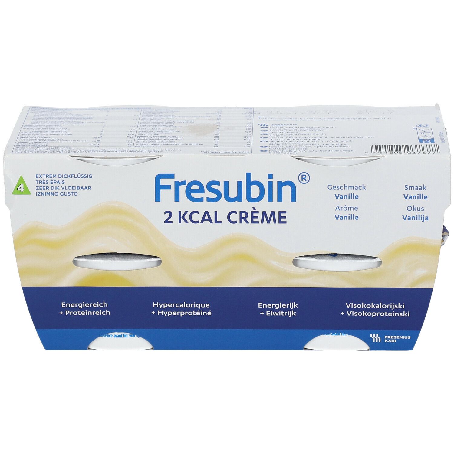 Verpakking Fresubin 2Kcal Crème Vanille. 4 bekers in karton. Productnaam, smaak, eigenschappen.