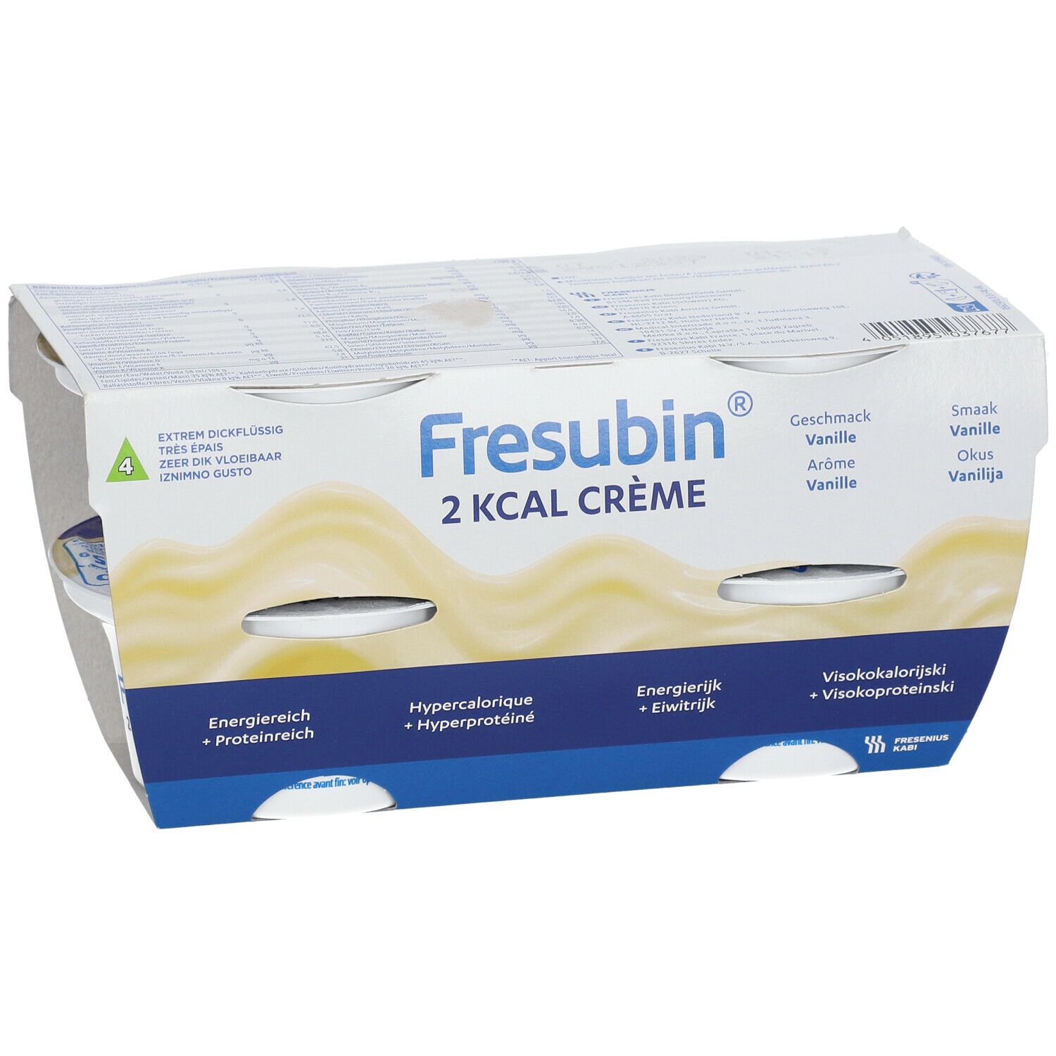 Verpakking Fresubin 2Kcal Crème Vanille. 4 bekers in karton. Productnaam, smaak, eigenschappen.