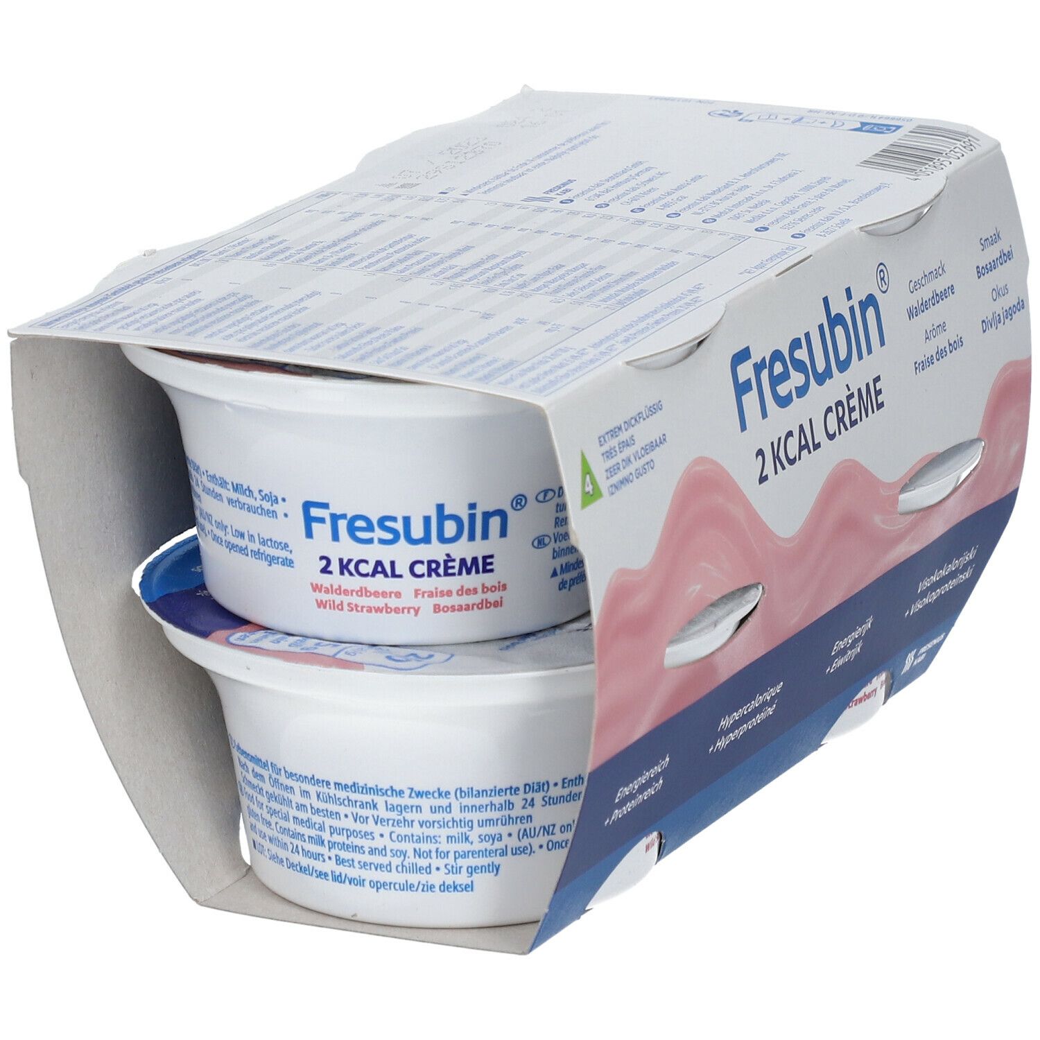 Twee bekers Fresubin 2 Kcal Crème in open verpakking. Opschriften: bosvruchten, 2 Kcal Crème, hypercalorisch.