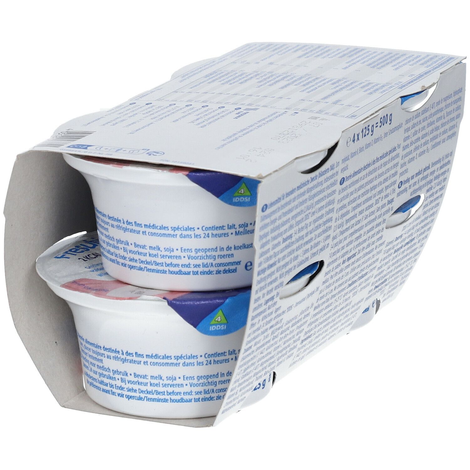 Twee bekers Fresubin 2 Kcal Crème in open verpakking. Achterkant van de verpakking met tekst.