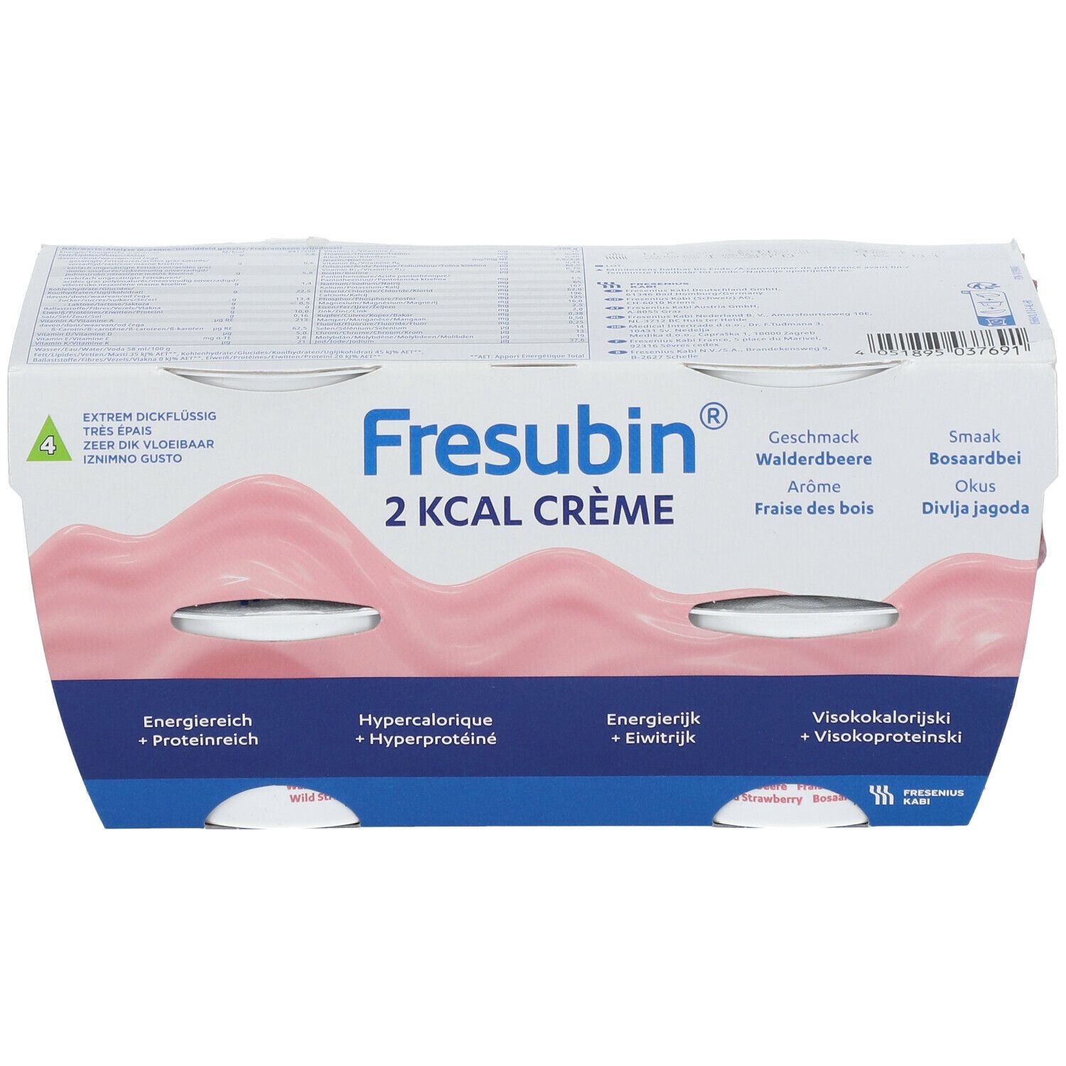 Verpakking met vier bekers Fresubin 2 Kcal Crème. Opschriften: bosvruchten, 2 Kcal Crème, hypercalorisch, eiwitrijk.
