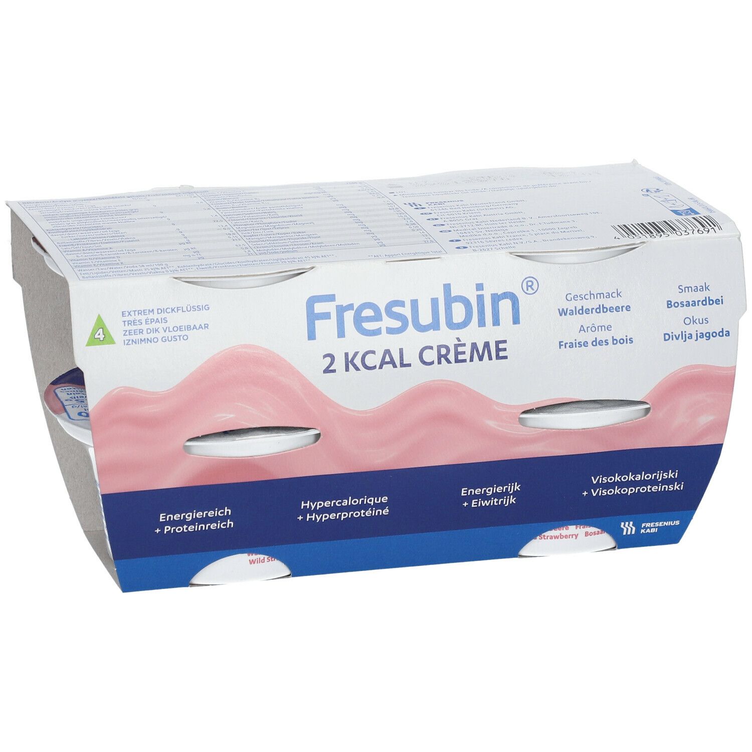 Verpakking met vier bekers Fresubin 2 Kcal Crème. Opschriften: bosvruchten, 2 Kcal Crème, hypercalorisch, eiwitrijk.