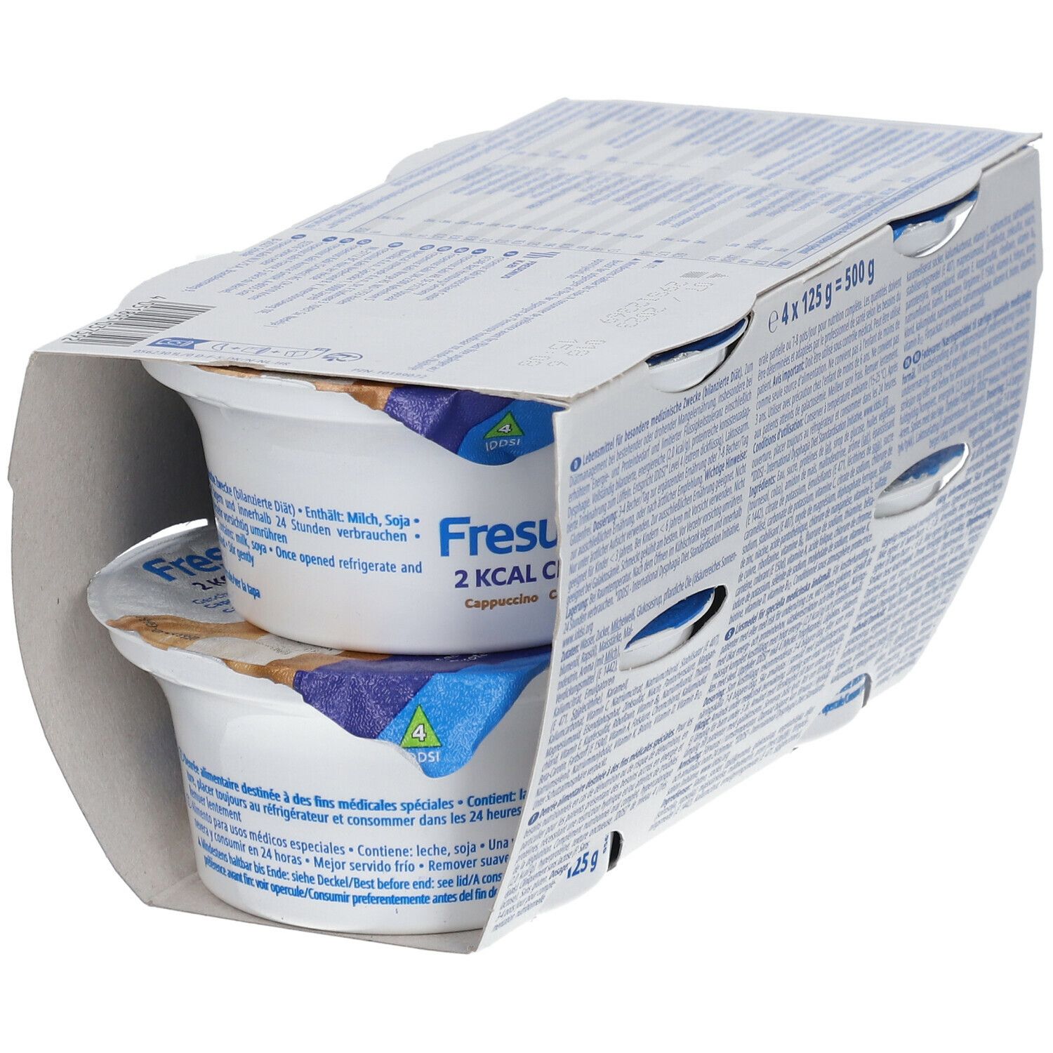 Geopende verpakking met twee bekers Fresubin 2 Kcal Crème Cappuccino. Blauwe deksels, productinformatie.