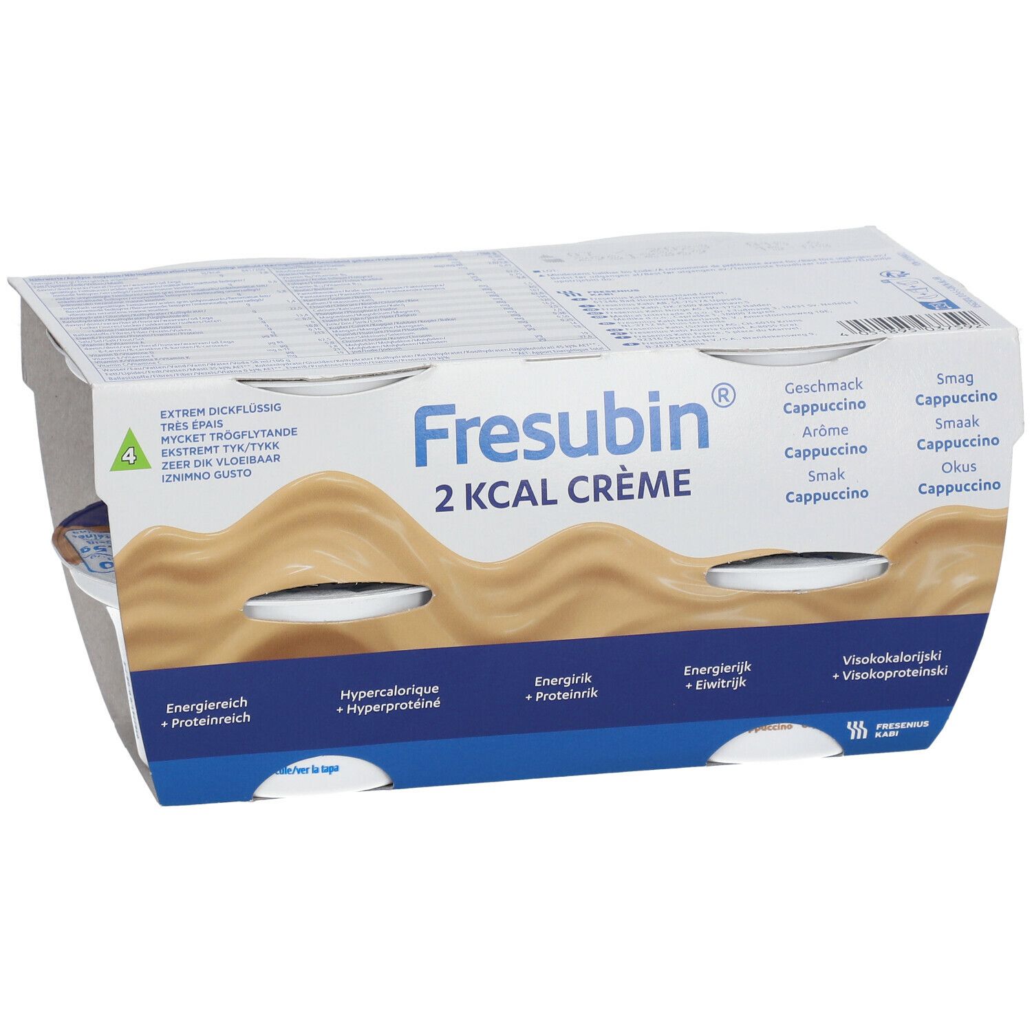 Verpakking met vier bekers Fresubin 2 Kcal Crème Cappuccino. Blauwe en beige verpakking met productinformatie.