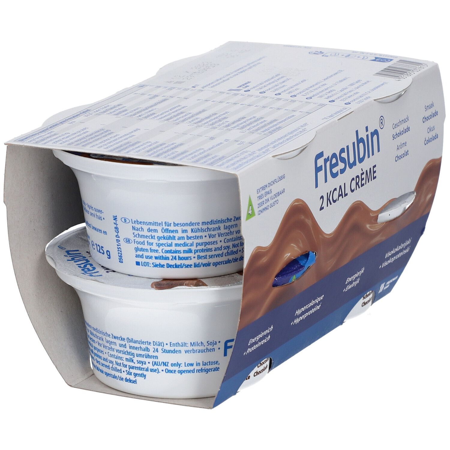 Deux pots de Fresubin 2 Kcal Crème Chocolat dans un emballage ouvert. Inscriptions : 125g, chocolat, riche en énergie, hypercalorique.
