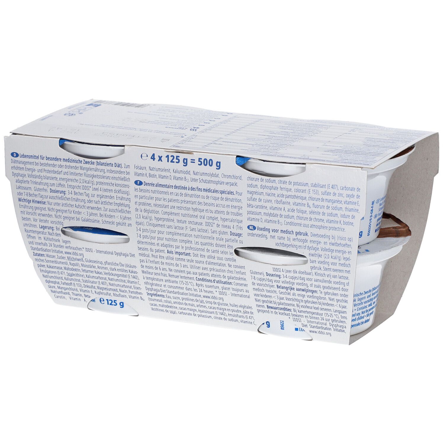 Dos de l'emballage de quatre pots de Fresubin 2 Kcal Crème Chocolat. Texte : informations nutritionnelles, ingrédients, instructions.
