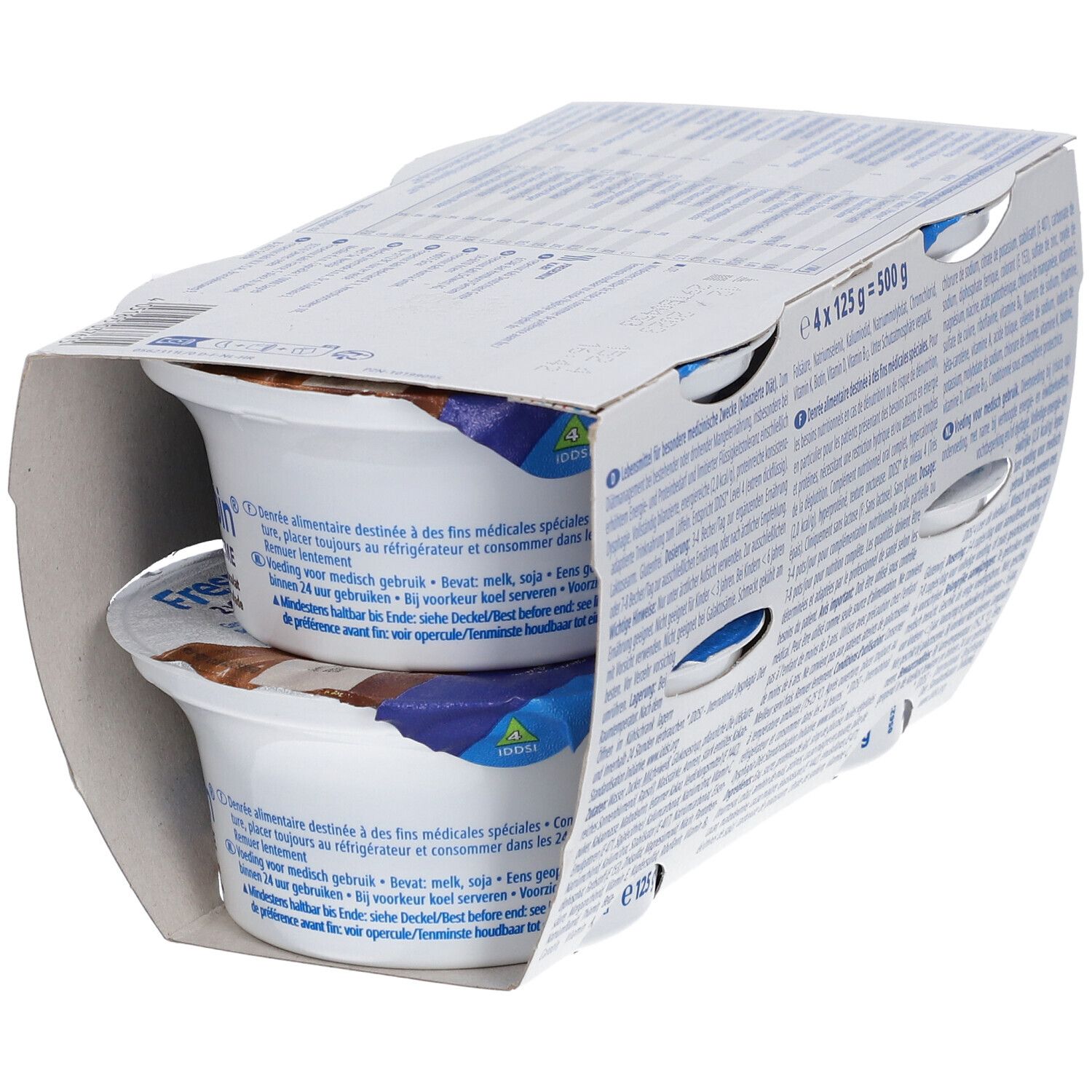 Deux pots de Fresubin 2 Kcal Crème Chocolat dans un emballage ouvert. Dos avec texte. Inscription : 125g, chocolat.