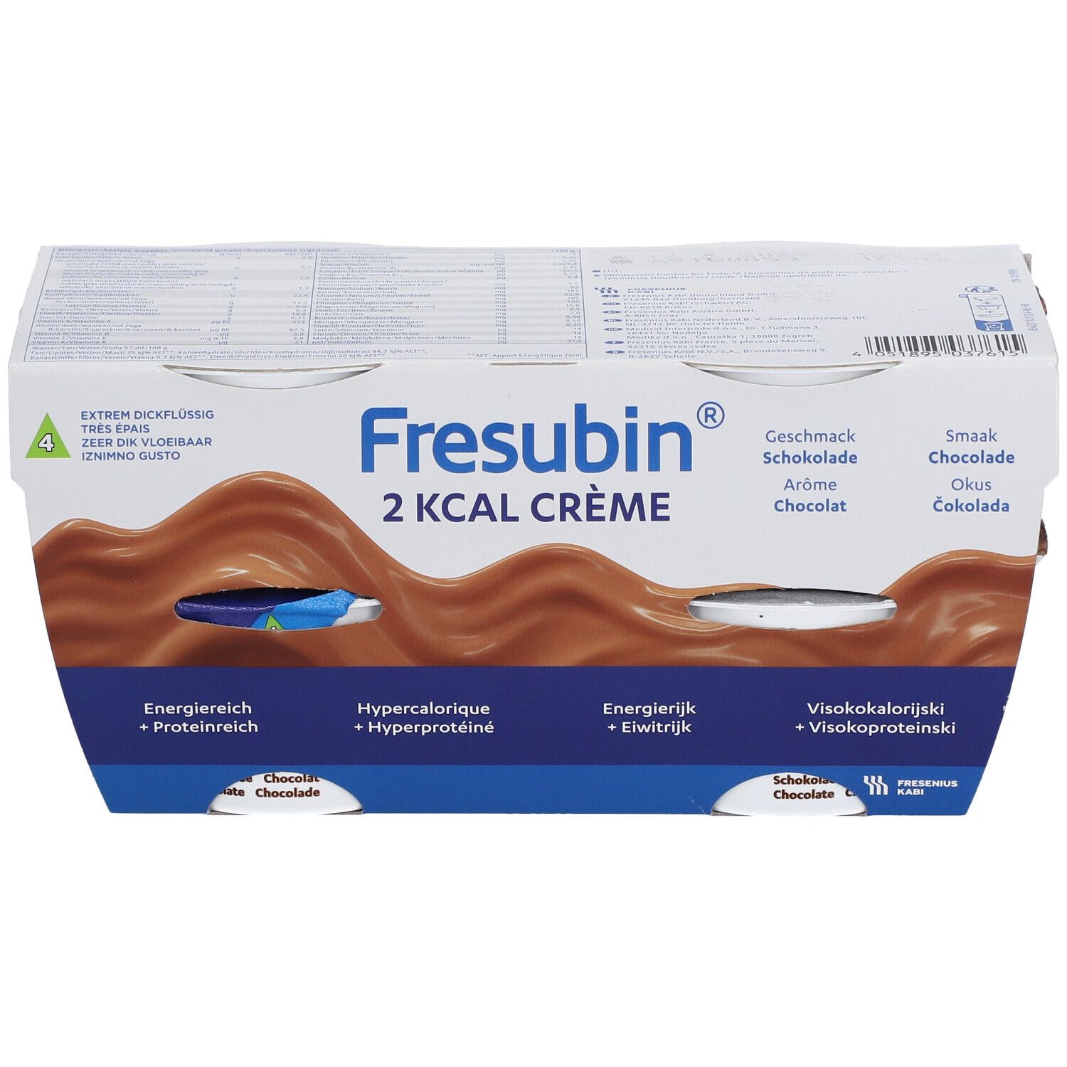 Emballage de quatre pots de Fresubin 2 Kcal Crème Chocolat. Inscriptions : riche en énergie, hypercalorique, viscoprotéinique, chocolat.