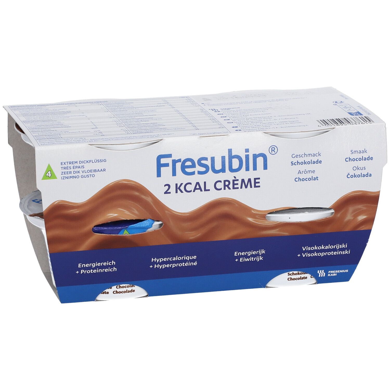 Emballage de quatre pots de Fresubin 2 Kcal Crème Chocolat. Inscriptions : riche en énergie, hypercalorique, viscoprotéinique, chocolat.