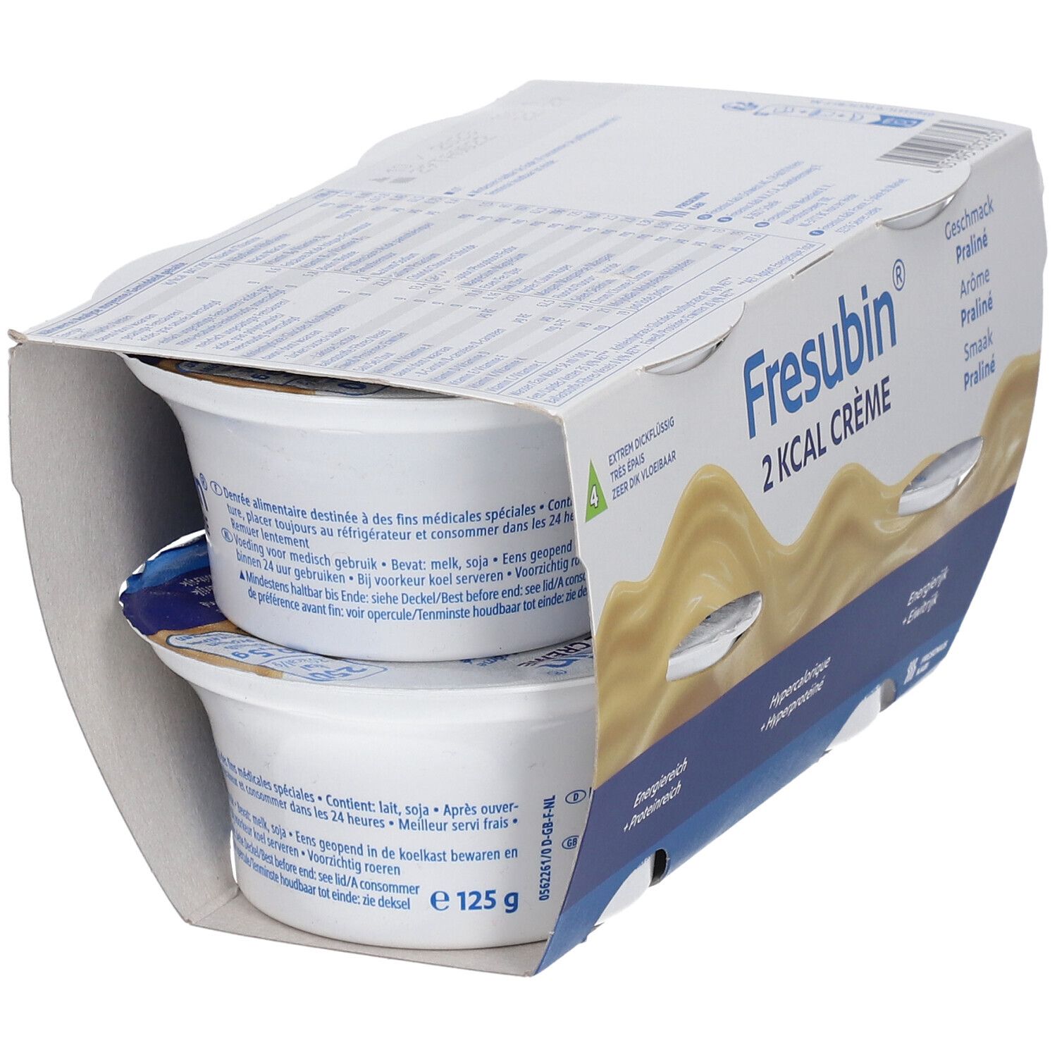 Deux pots de Fresubin 2 Kcal Crème Praliné dans un emballage ouvert. Goût Praliné. Hypercalorique et hyperprotéiné.