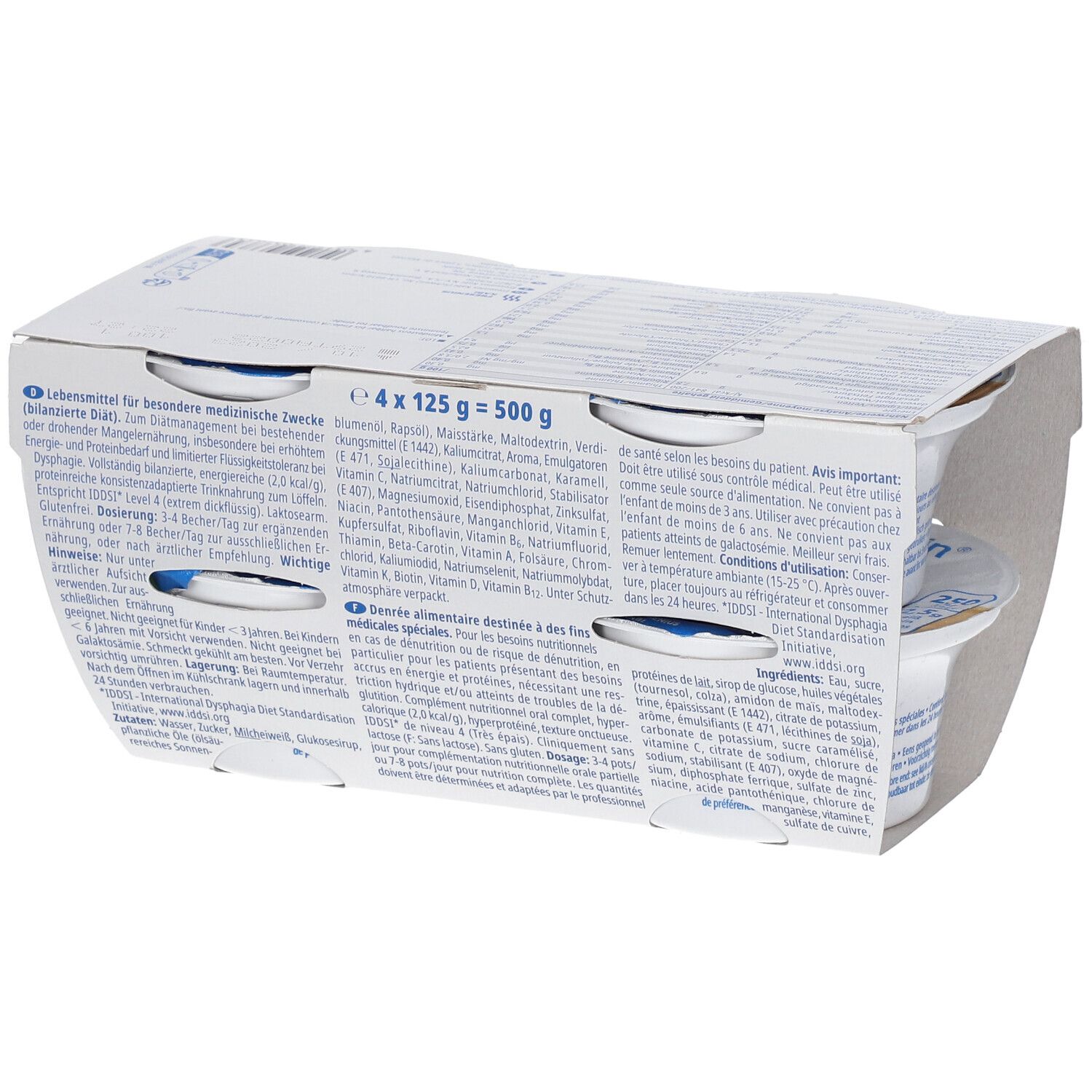 Dos de l'emballage de quatre pots de Fresubin 2 Kcal Crème Praliné. Informations sur les ingrédients et la valeur nutritionnelle.