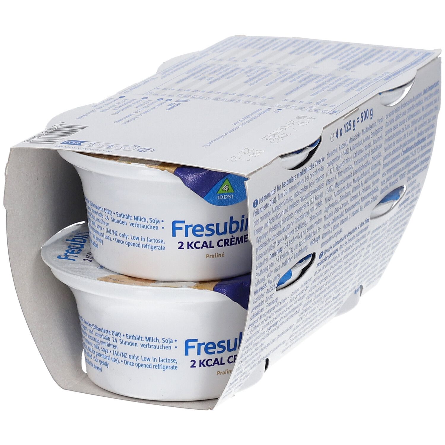 Deux pots de Fresubin 2 Kcal Crème Praliné dans un emballage ouvert. Goût Praliné. Hypercalorique et hyperprotéiné.