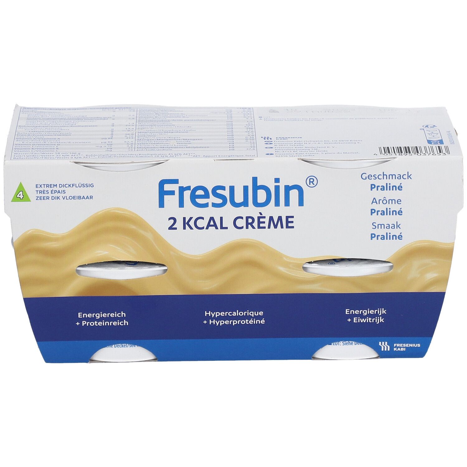 Emballage de quatre pots de Fresubin 2 Kcal Crème Praliné. Énergétique et protéiné. Goût Praliné.