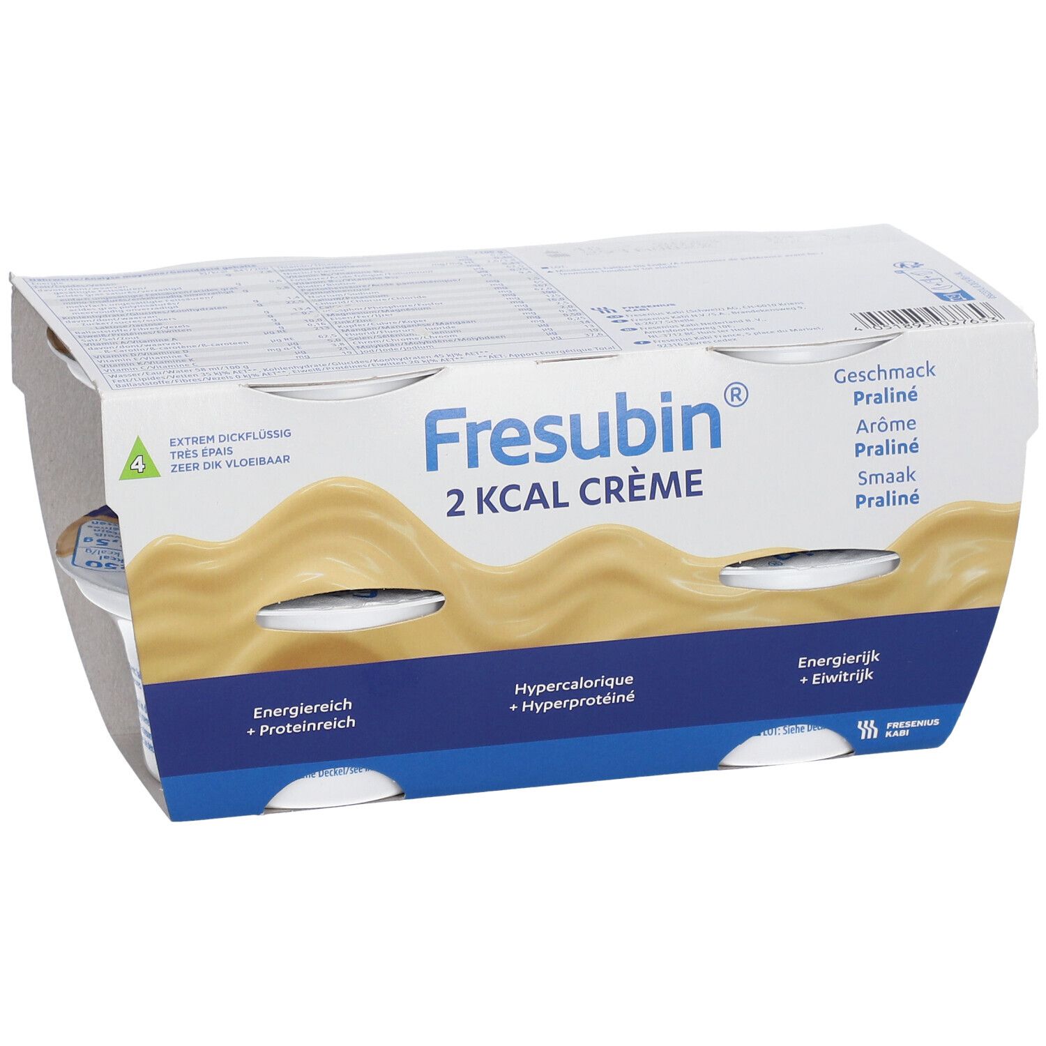 Emballage de quatre pots de Fresubin 2 Kcal Crème Praliné. Énergétique et protéiné. Goût Praliné.