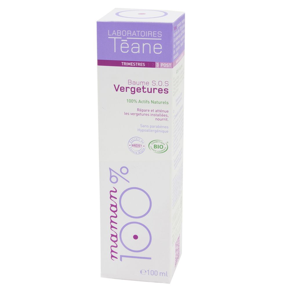 Verpakking van Teane Balm S.O.S. Vergetures. Paars-witte doos met productnaam en bio-label.