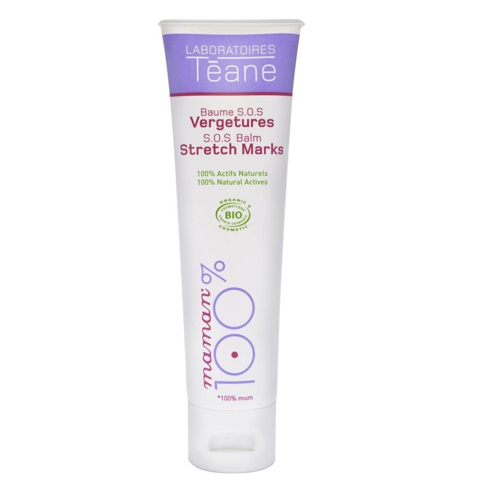 Tube Teane Balm S.O.S. Vergetures. Witte tube met paarse dop, productnaam en bio-label.