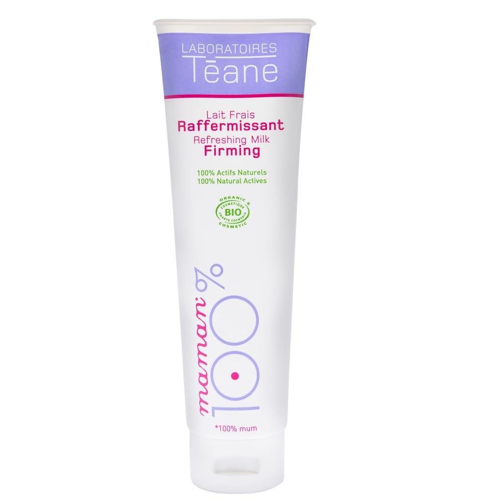 Witte en paarse tube. Tekst: "Laboratoires Téane", "Lait Raffermissant", "100% Actifs Naturels". Bio-label. Productnaam in het Engels.