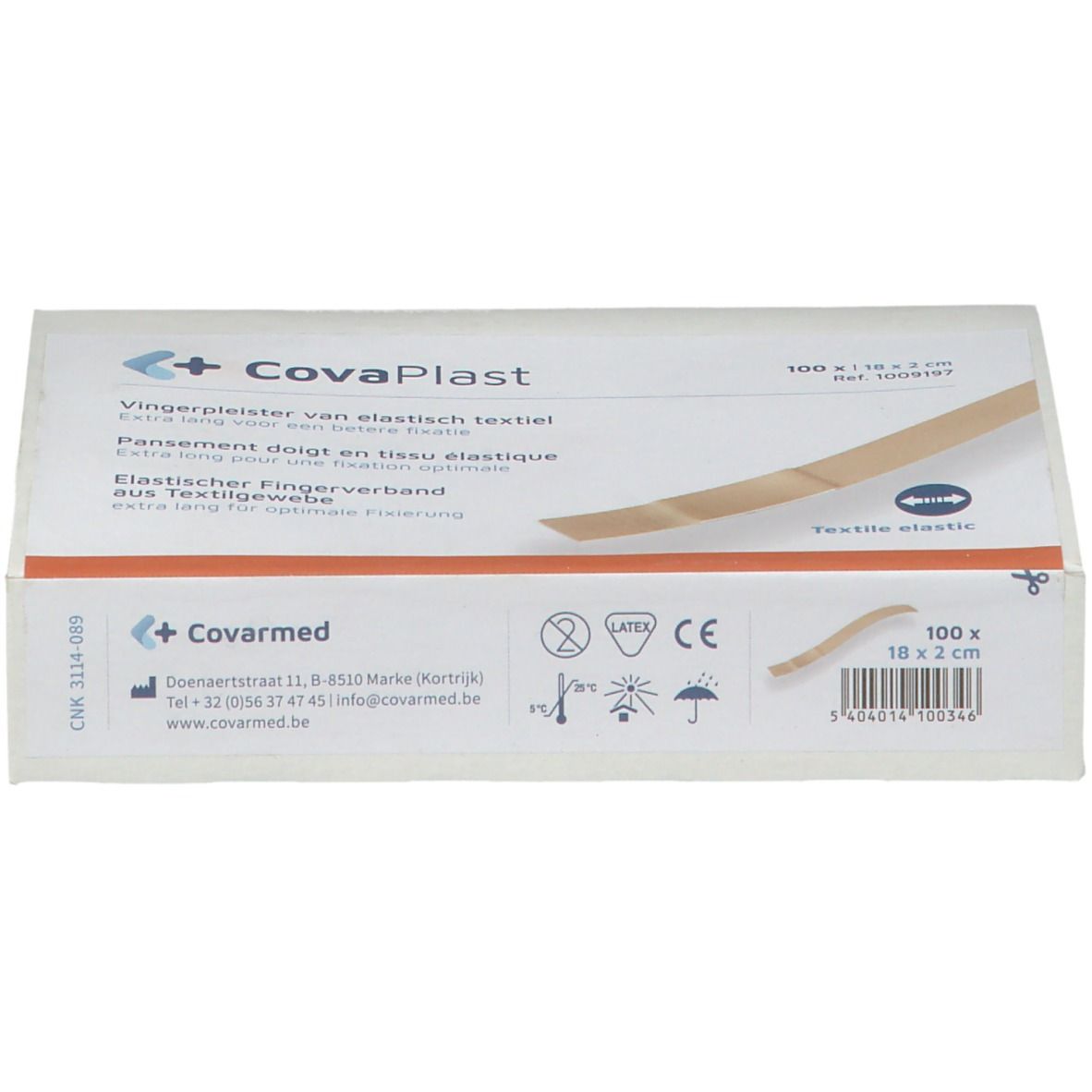 Schachtel mit Pflastern. Aufdrucke: Covaplast, Chargennummer, Verfallsdatum, CE-Zeichen, MD-Kennzeichnung.