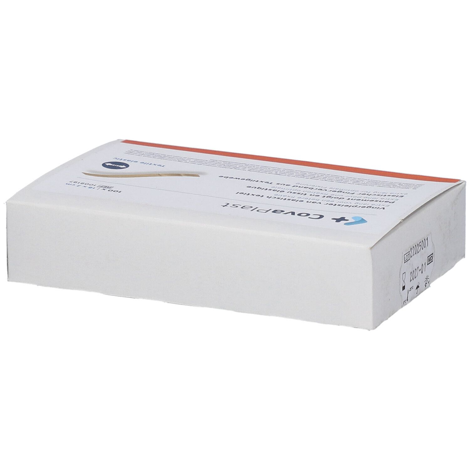 Schachtel mit Pflastern. Aufdruck: Covaplast. Roter Streifen am oberen Rand.