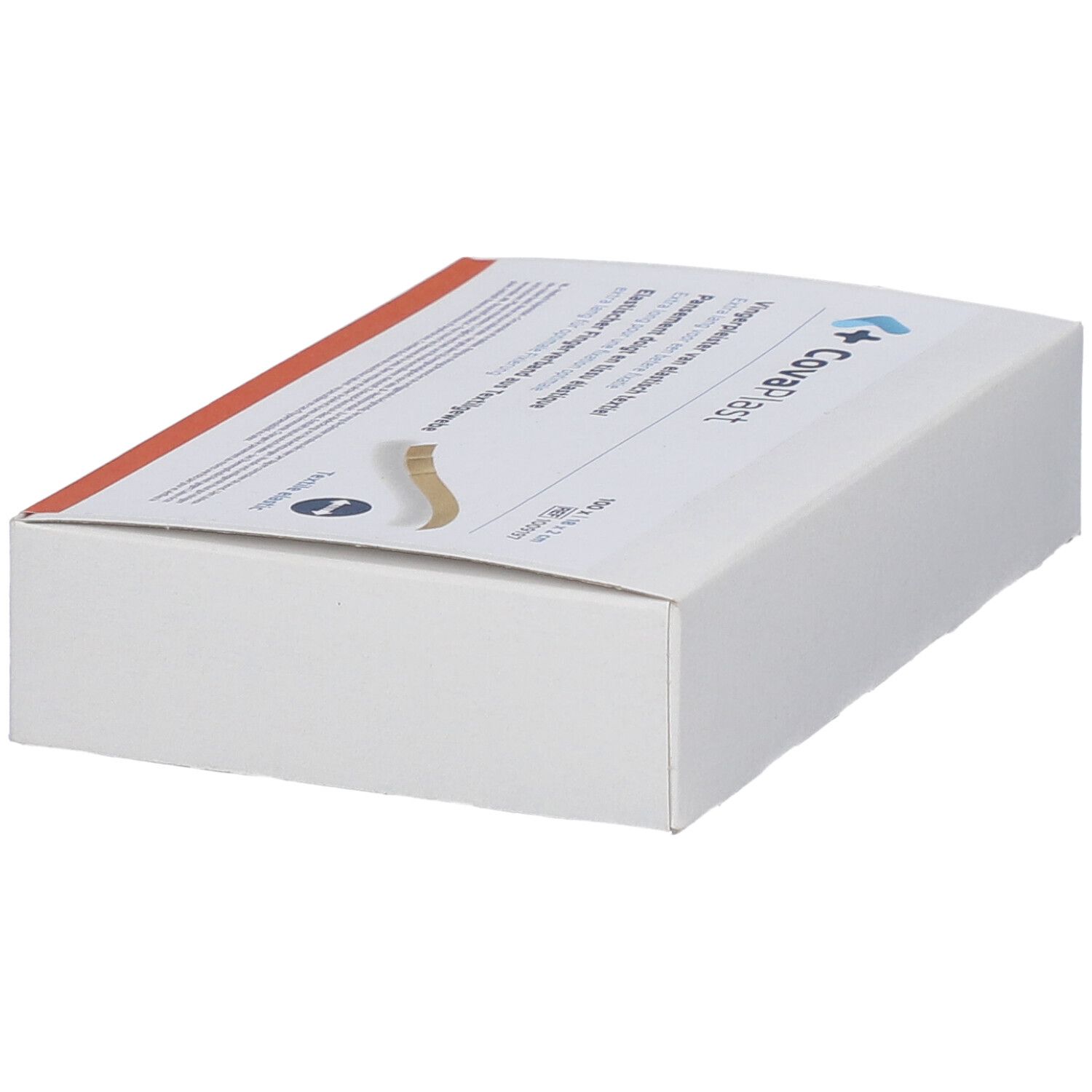 Schachtel mit Pflastern. Aufdruck: Covaplast. Roter Streifen am oberen Rand.