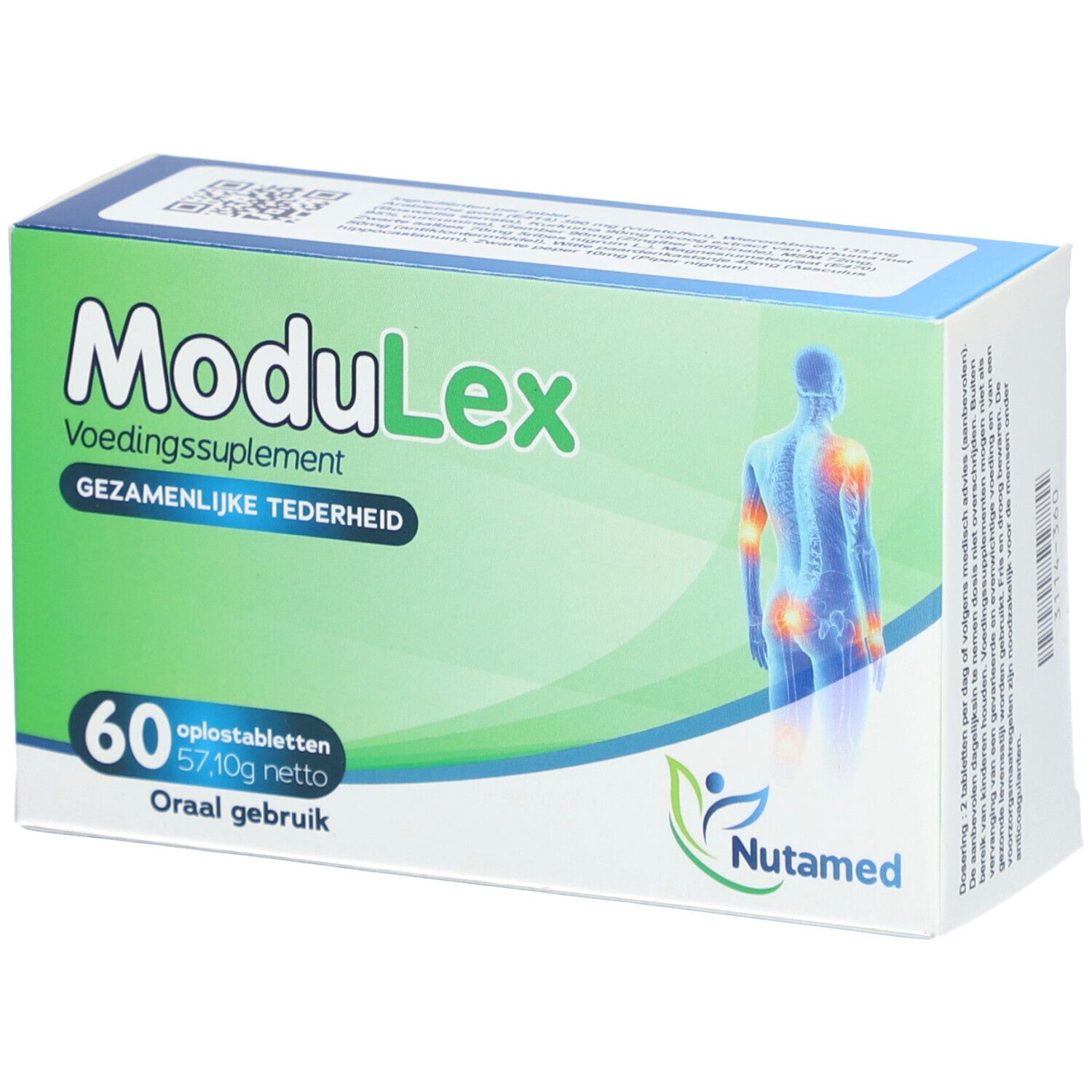 Boîte de ModuLex. 60 comprimés, 57,10g net. Inscription: Gezamenlijke tederheid. Marque Nutamed.