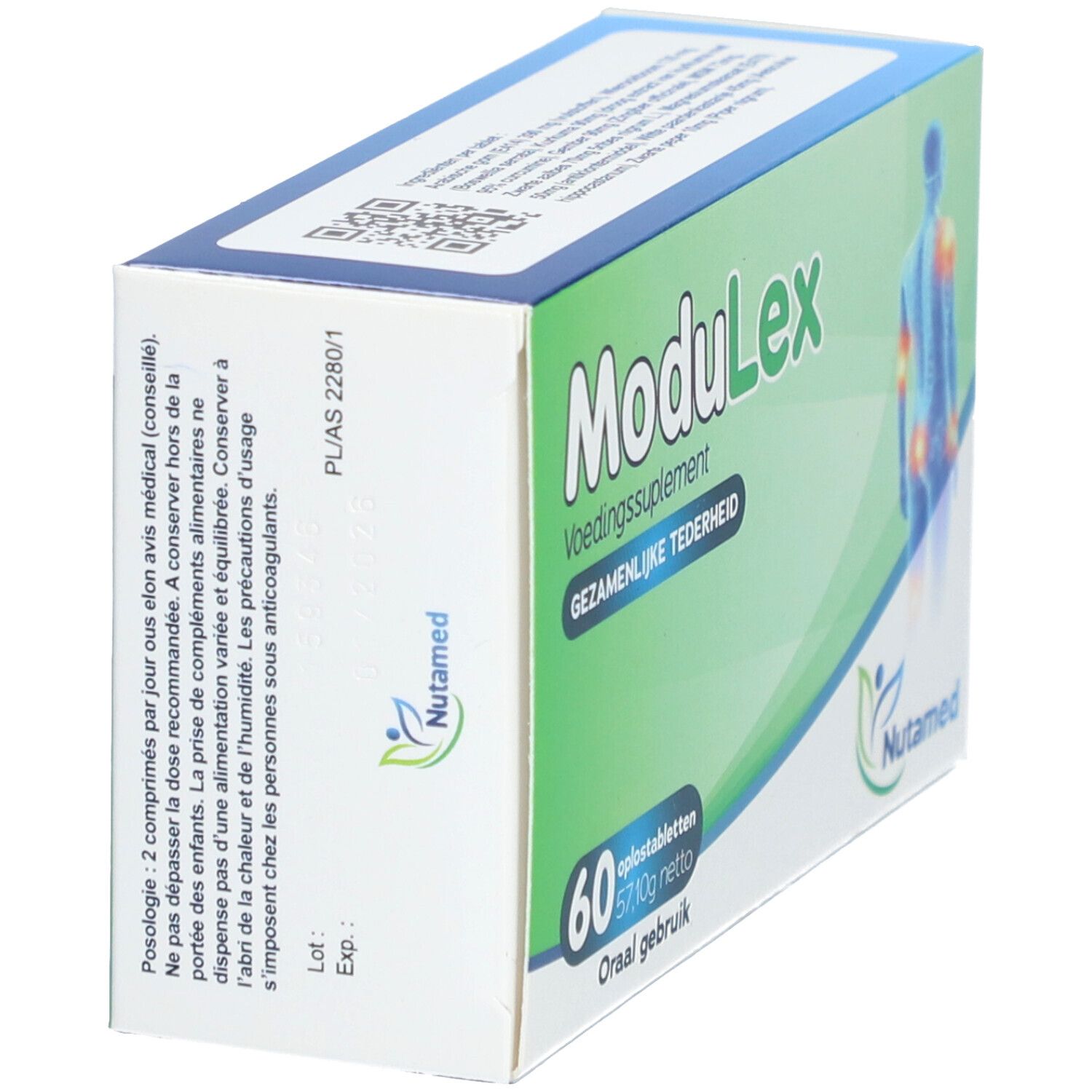 Vue latérale de la boîte ModuLex. Texte: 60 oplostabletten, 57,10g net. Marque Nutamed. Instructions d'utilisation.