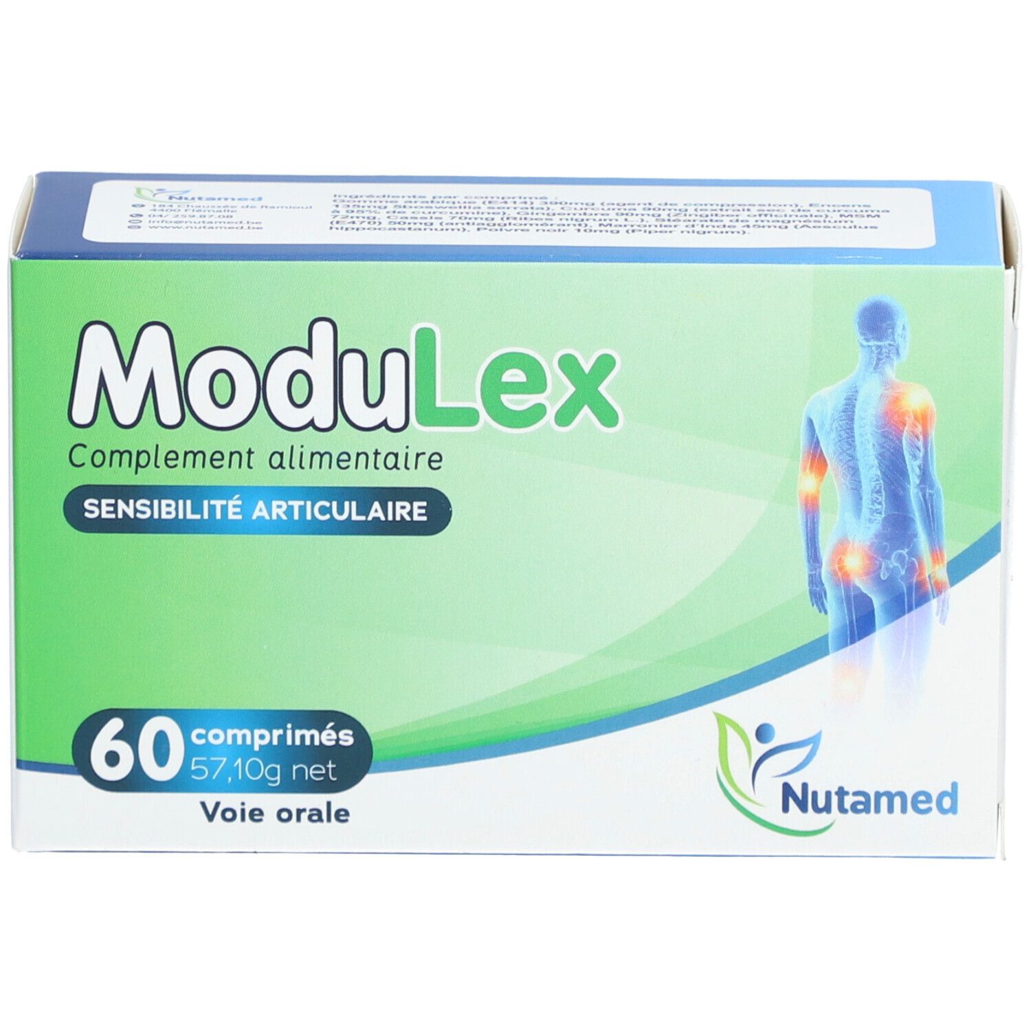 Boîte de ModuLex. 60 comprimés, 57,10g net. Inscription: Sensibilité articulaire. Marque Nutamed.