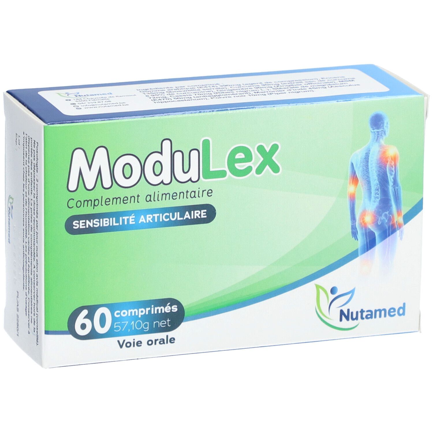 Boîte de ModuLex. 60 comprimés, 57,10g net. Inscription: Sensibilité articulaire. Marque Nutamed.