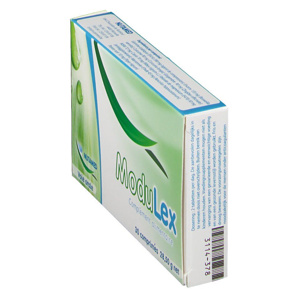ModuLex verpakking, schuin. Groen en wit design. Bevat 30 tabletten, 28,50 g netto. Merk Nutamed. 'Voie orale' en '3114-378' zichtbaar.