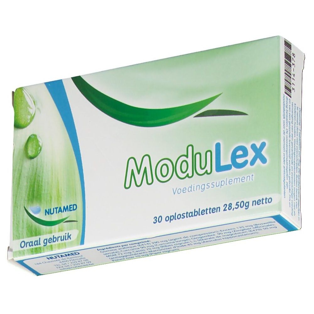 ModuLex verpakking. Groen en wit design. Bevat 30 tabletten, 28,50 g netto. Merk Nutamed. 'Voedingssupplement' en 'Oraal gebruik' zichtbaar.