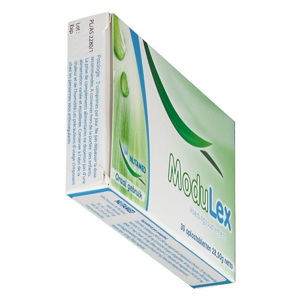 ModuLex verpakking, schuin. Groen en wit design. Bevat 30 tabletten, 28,50 g netto. Merk Nutamed. 'Oraal gebruik' en 'Voedingssupplement' zichtbaar.