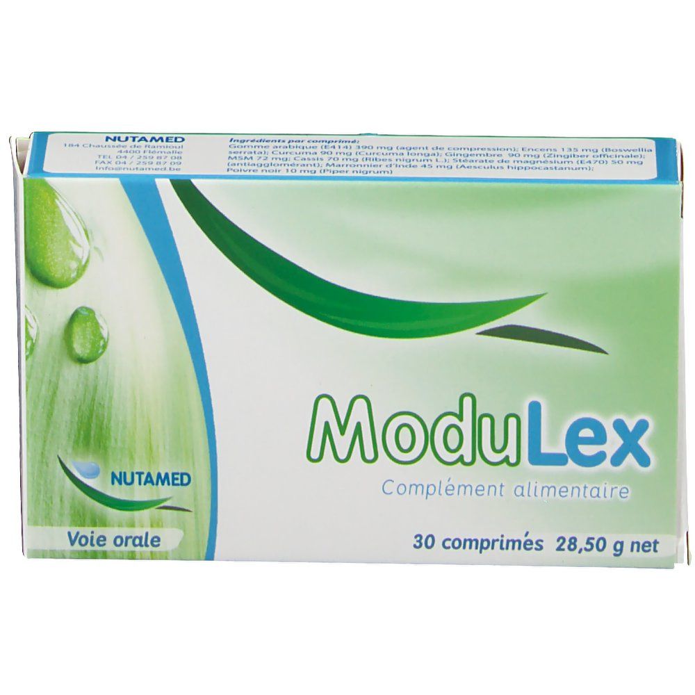 ModuLex verpakking, voedingssupplement. Groen en wit design. Bevat 30 tabletten, 28,50 g netto. Merk Nutamed. 'Voie orale' zichtbaar.