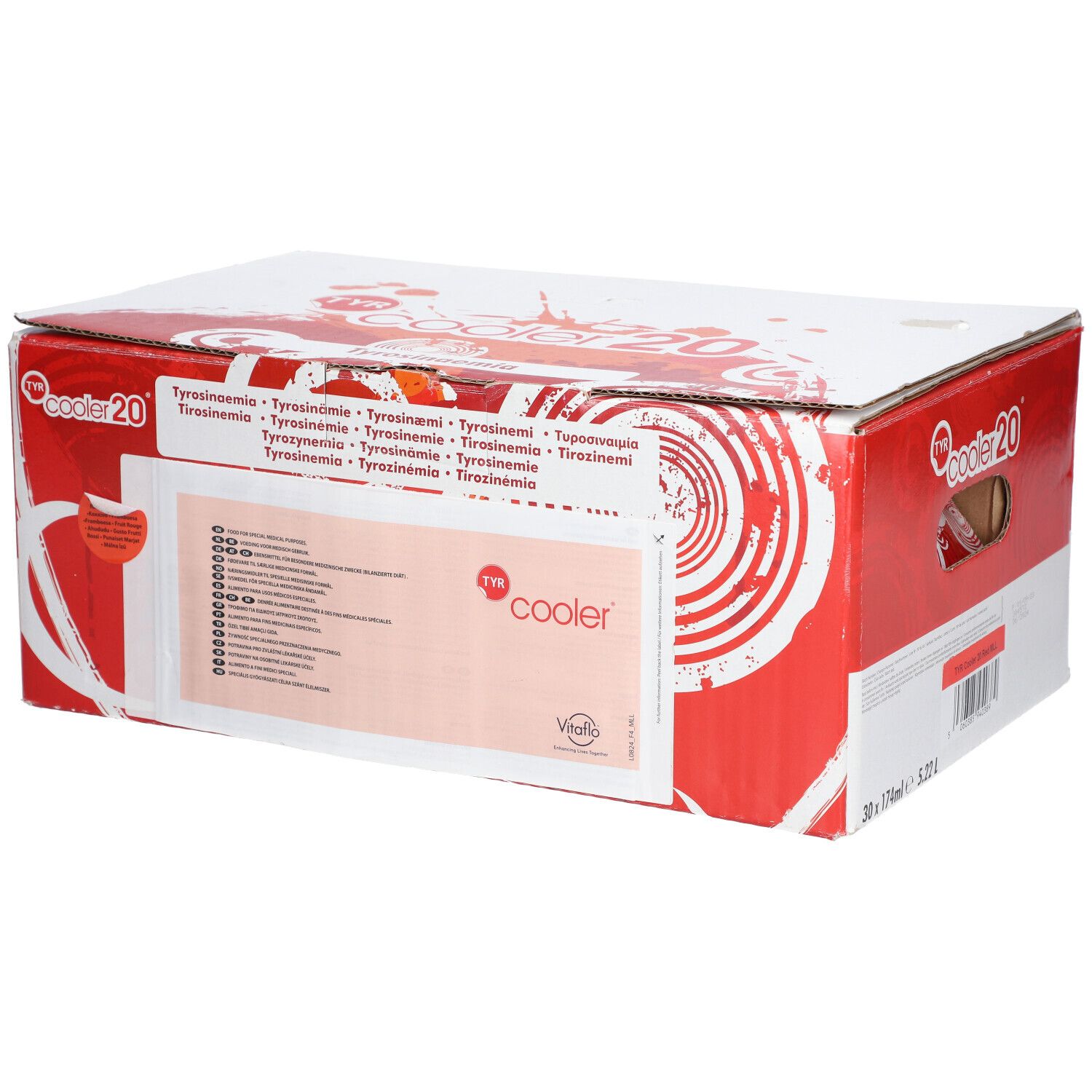 Kartonnen doos 'cooler 20'. Rode en witte graphics. Meertalige tekst. Vitaflo logo.