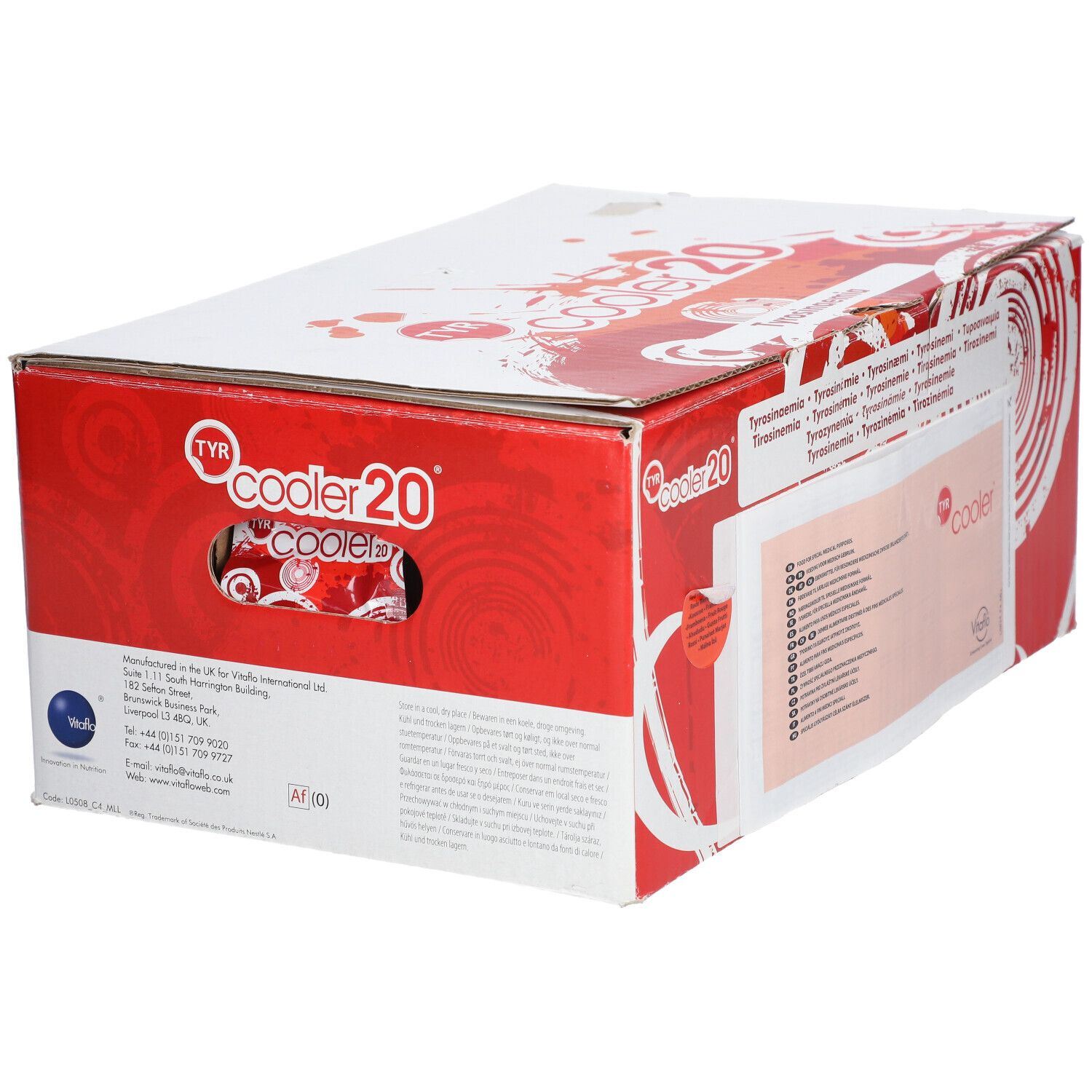 Doos 'cooler 20' met rode en witte graphics. Meertalige tekst. Handgreepopening. Vitaflo logo.