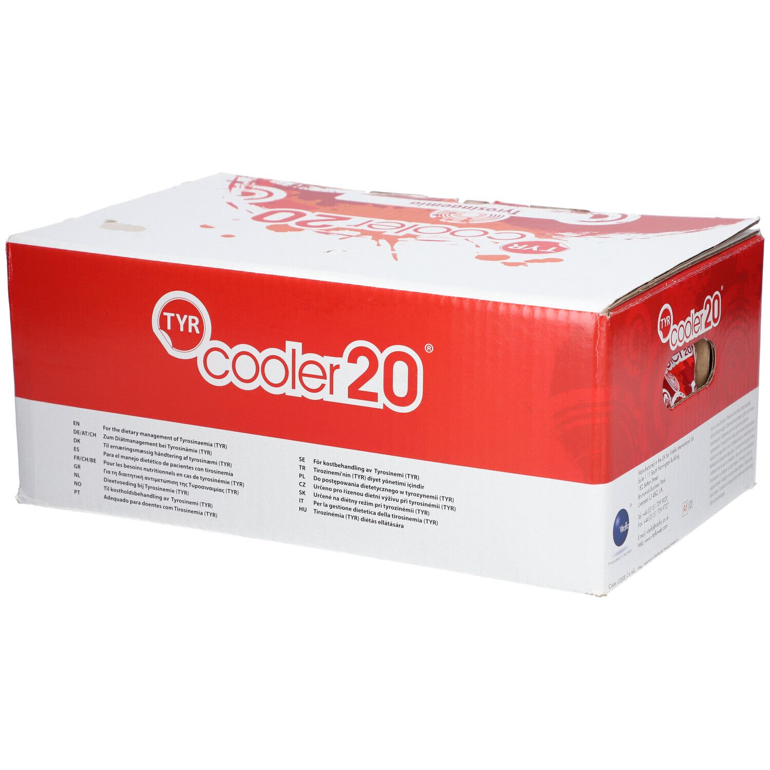 Doos 'cooler 20' met rode en witte graphics. Meertalige tekst. Handgreepopening. Vitaflo logo.