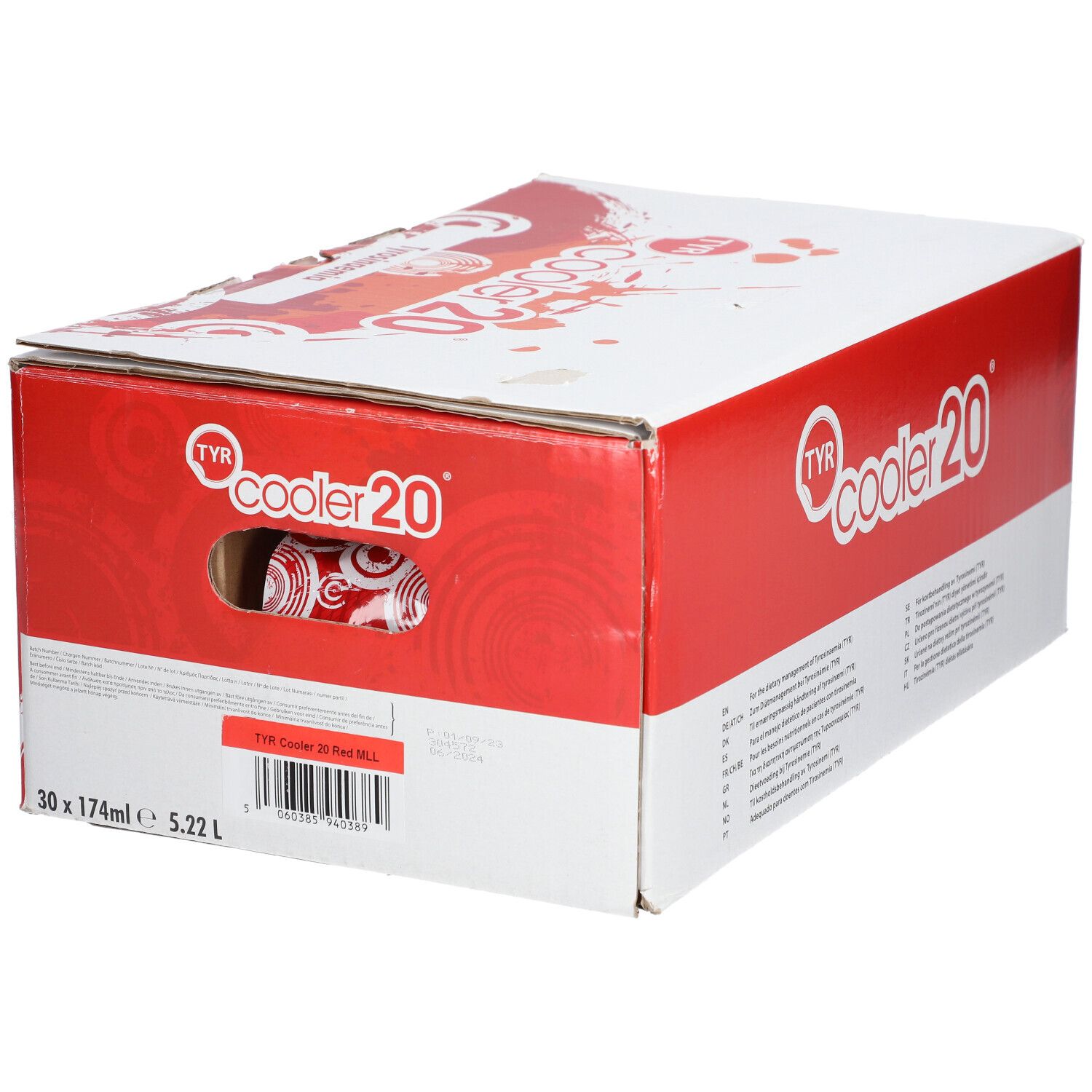 Doos 'cooler 20' met rode en witte graphics. Meertalige tekst. Handgreepopening. Vitaflo logo.