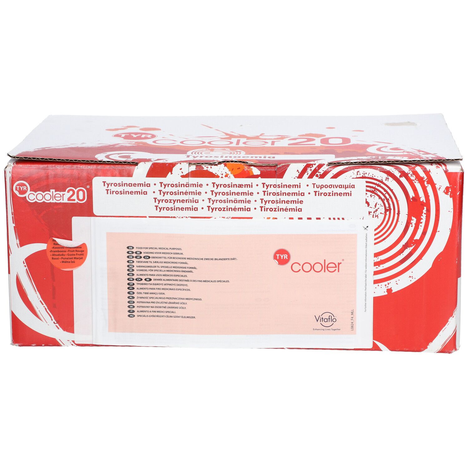 Karton 'cooler 20' met rode en witte graphics. Meertalige tekst. Vitaflo logo.