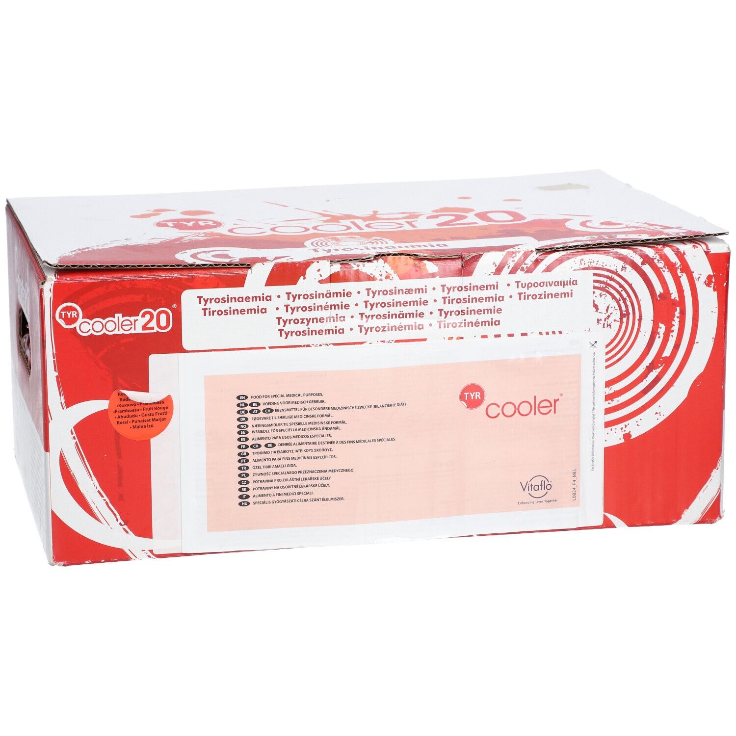 Karton 'cooler 20' met rode en witte graphics. Meertalige tekst. Vitaflo logo.