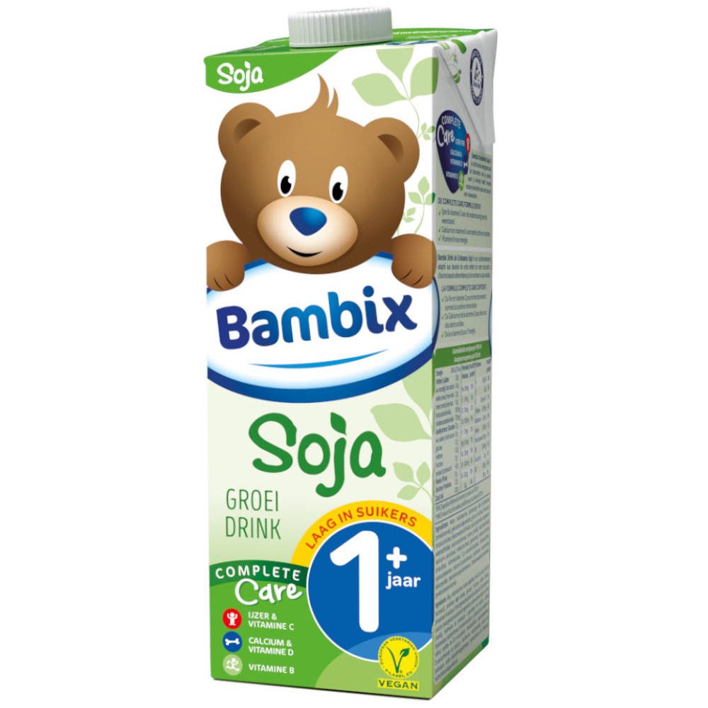 Brique de boisson avec logo Bambix et illustration d'ours. Inscription : Soja, Groei Drink, 1+. Contient vitamine C, D, B.