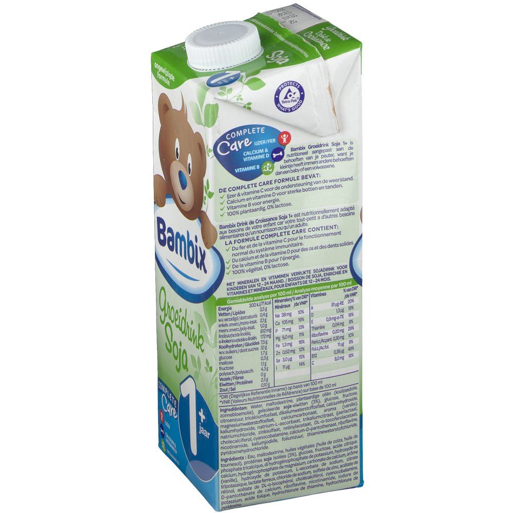 Dos de la brique de boisson avec logo Bambix et informations nutritionnelles. Contient des informations sur la formule Complete Care.